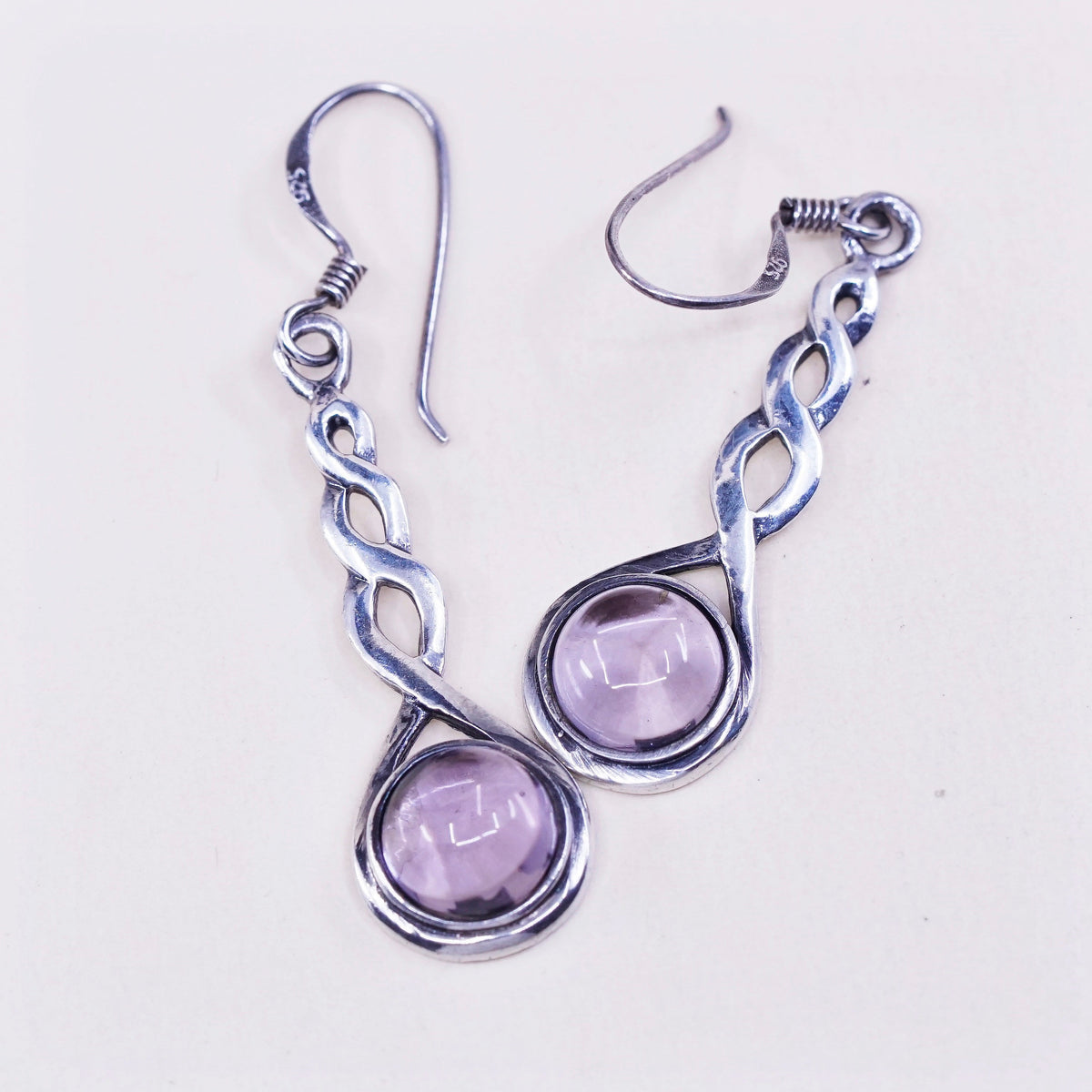 Vintage sterling silver handmade earrings, 925 twisted drops with amethyst