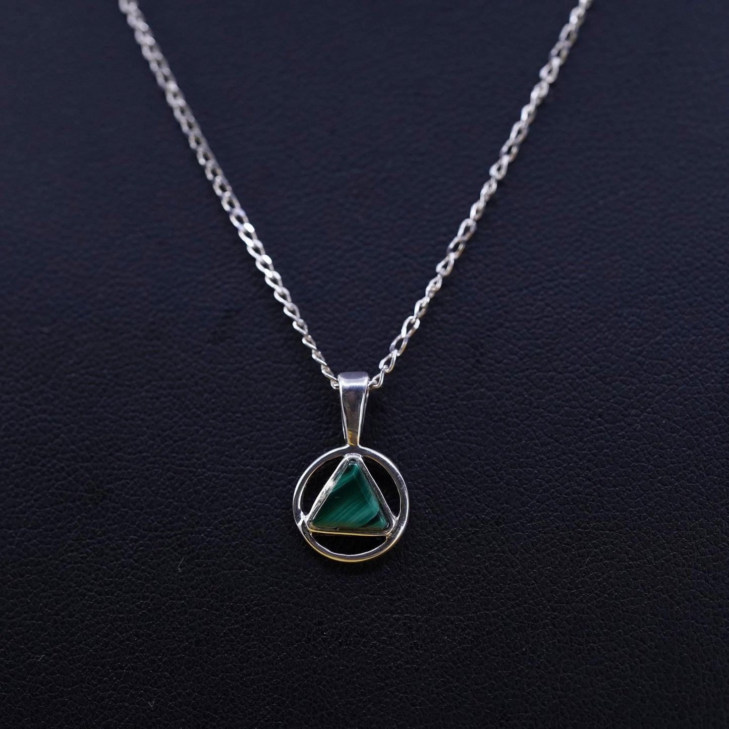 18” Vintage Sterling silver curb necklace southwestern pendant malachite inlay