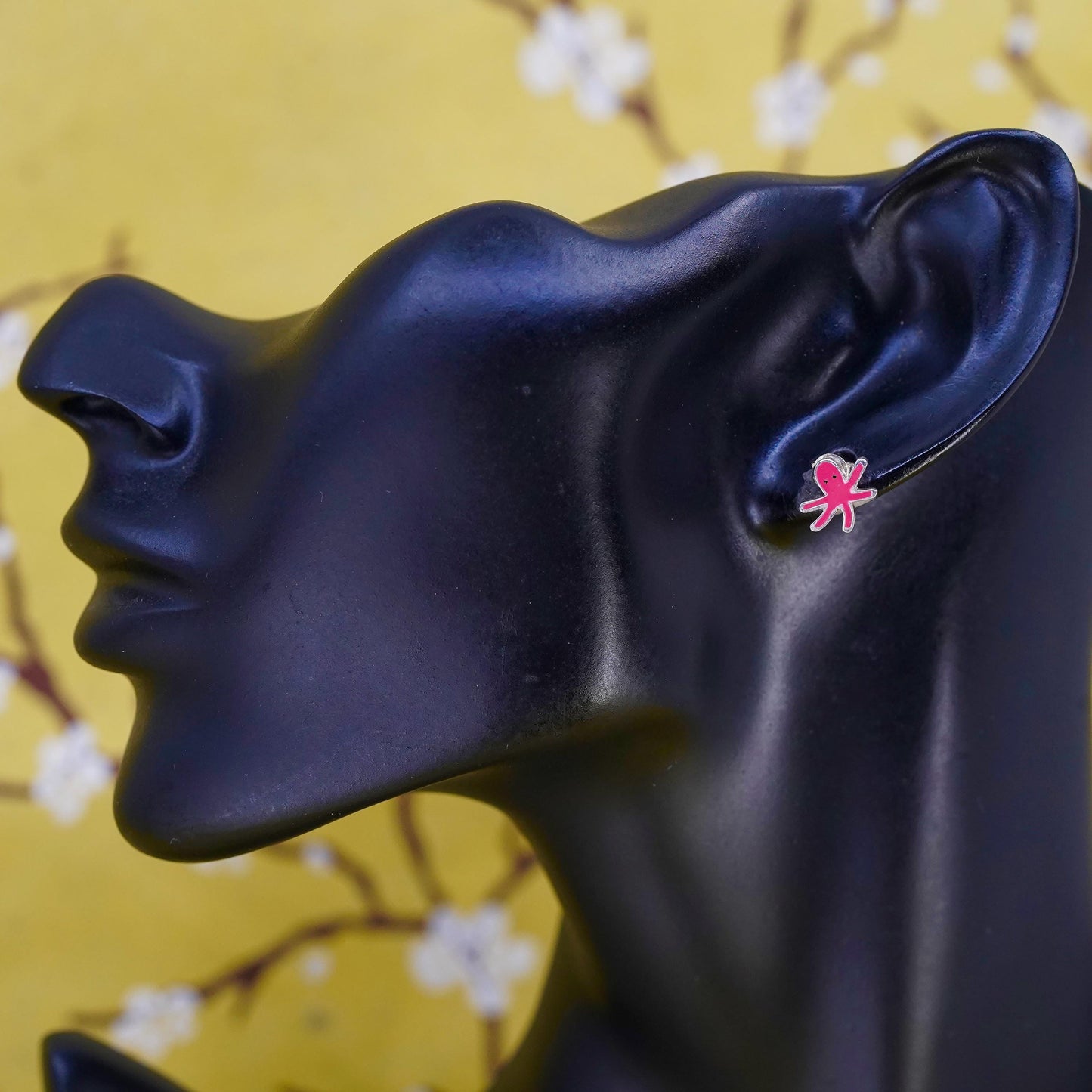 VTG Sterling silver handmade earrings, 925 octopus sausage studs pink enamel