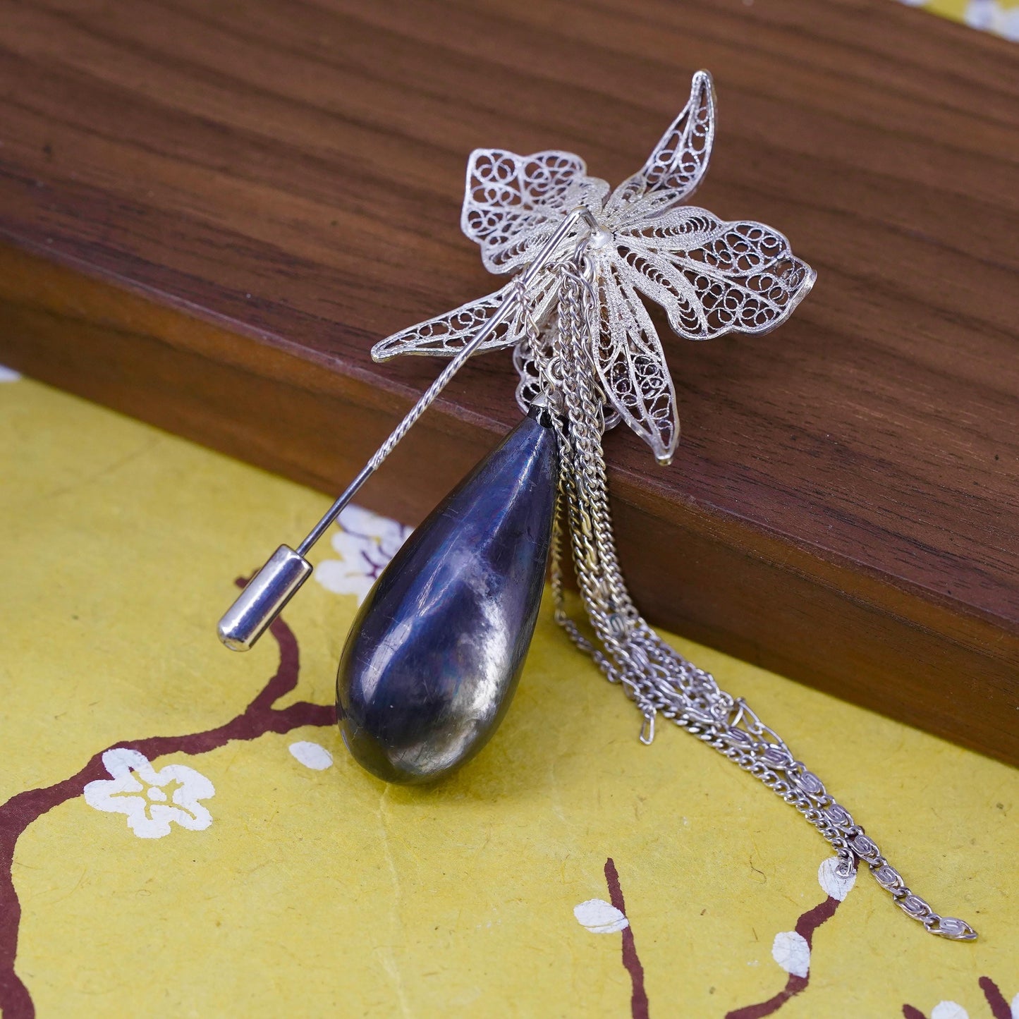VTG sterling 925 silver filigree lily flower pin brooch teardrop gray tiger eye