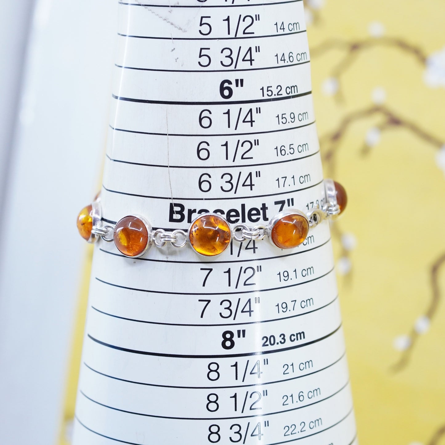 7.25”, vintage Sterling 925 silver handmade bracelet with amber inlay