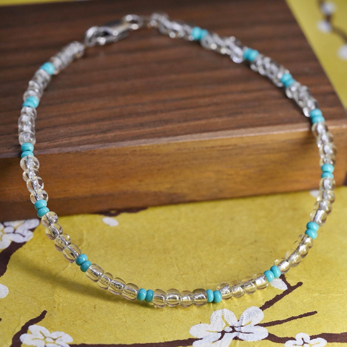 10.5", vintage Sterling silver anklet, 925 bracelet w/ turquoise crystal beads