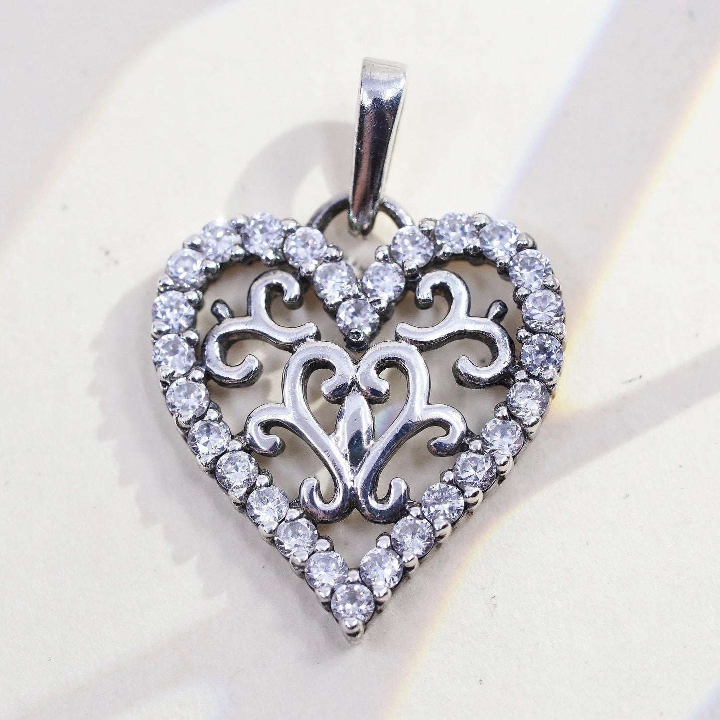 Vintage sterling silver filigree heart charm, 925 pendant with cluster Cz