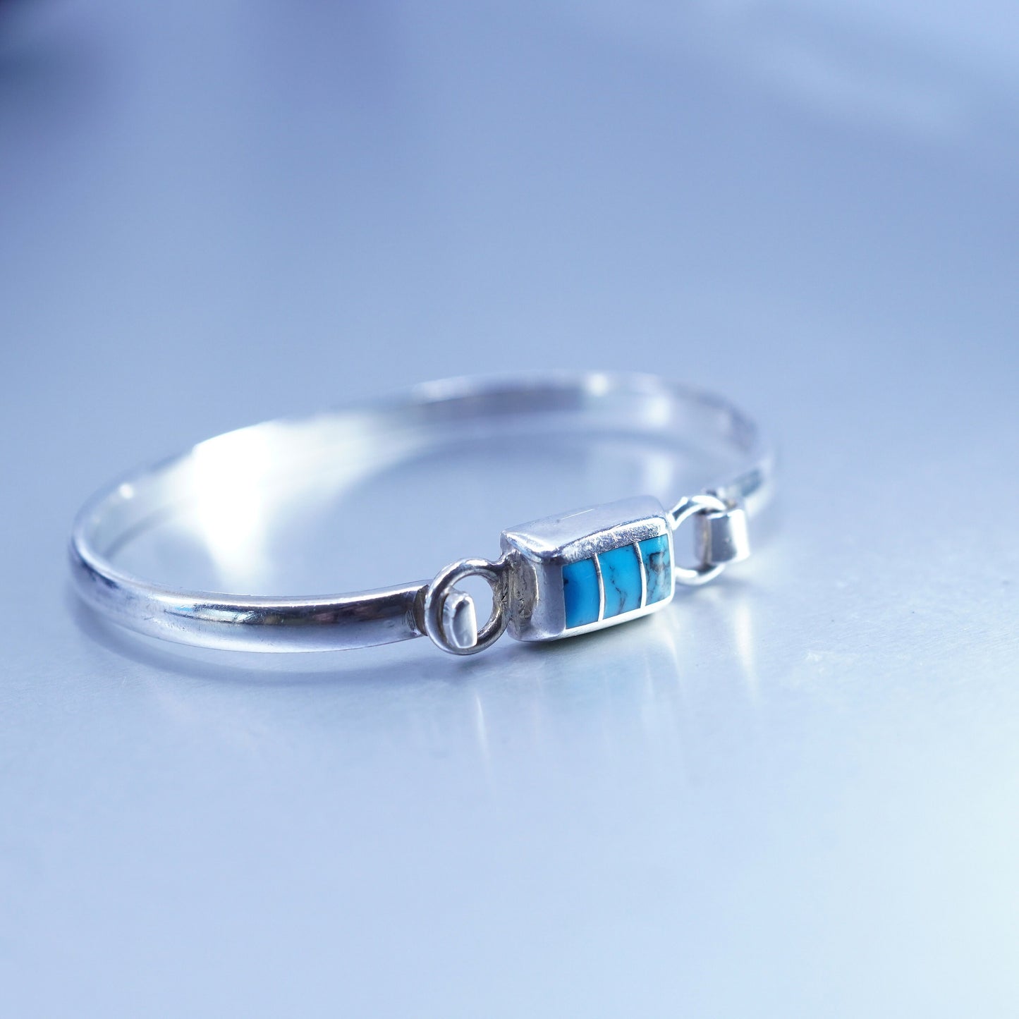 6.5”, Mexico Sterling 925 silver handmade bracelet, hinged bangle w/ turquoise