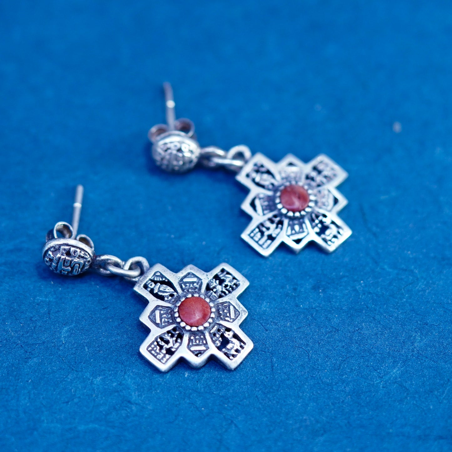 Sterling silver handmade earrings, 925 filigree bali cross dangles with coral