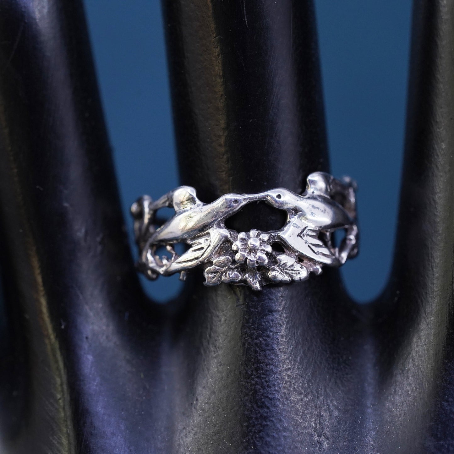 Size 7.5, Native American sterling silver handmade ring, 925 love bird band