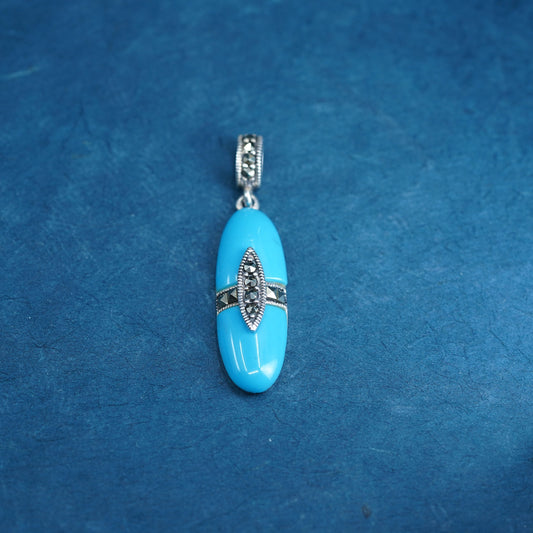Vintage Sterling 925 silver handmade pendant with turquoise and marcasite