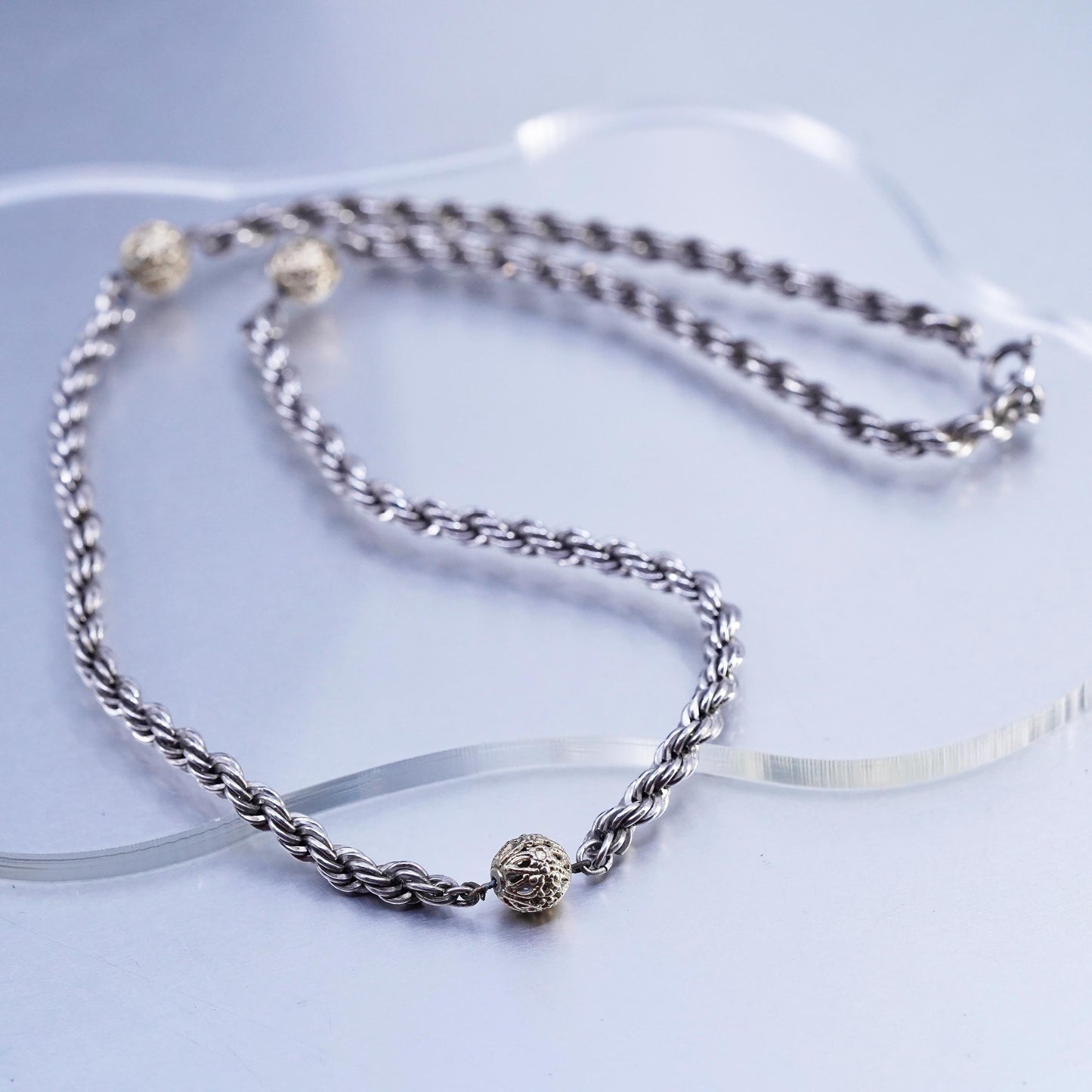 20" Italian Sterling 925 silver French rope necklace 14K gold filigree beads