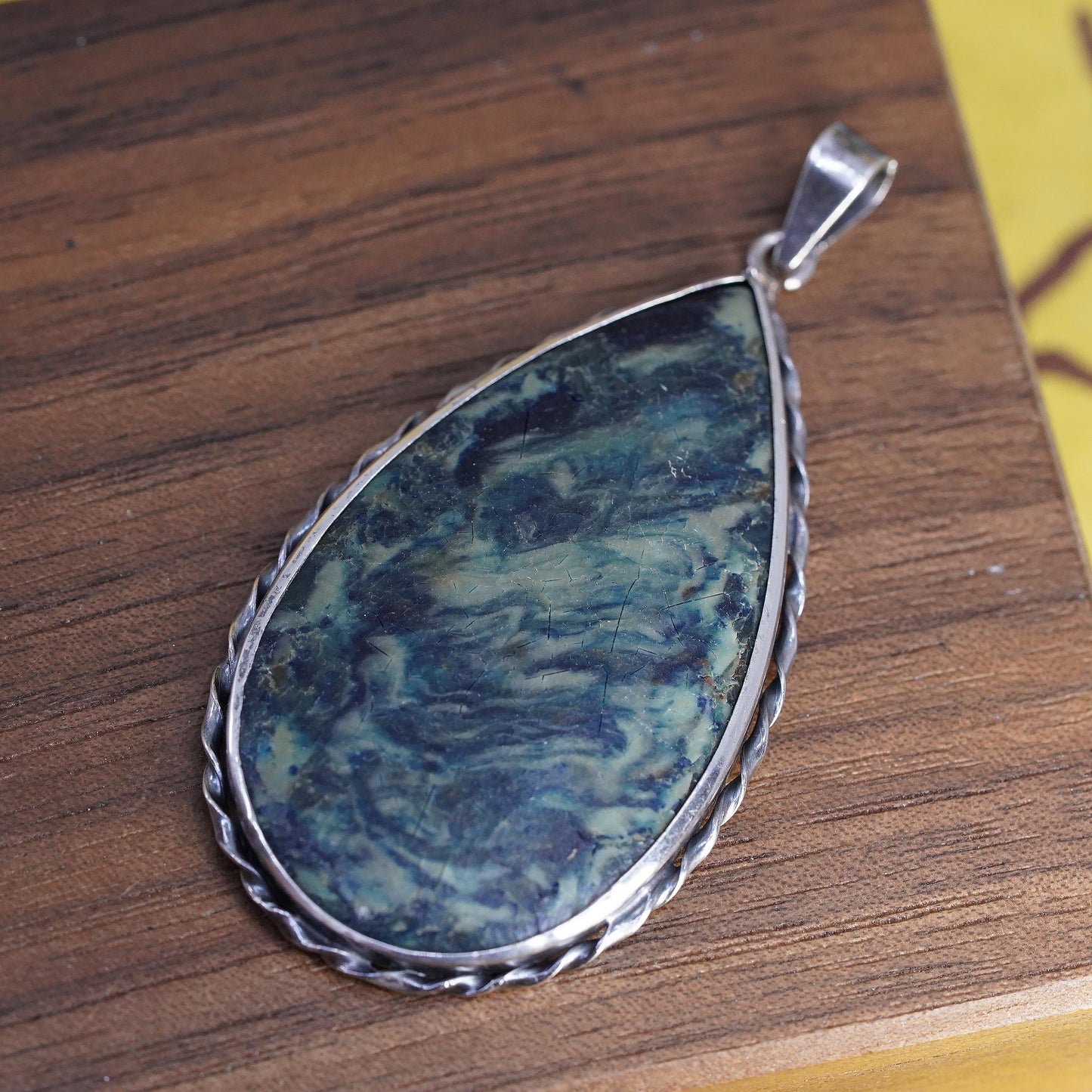 Vintage Sterling 925 silver handmade teardrop pendant dyed Mable textured wood