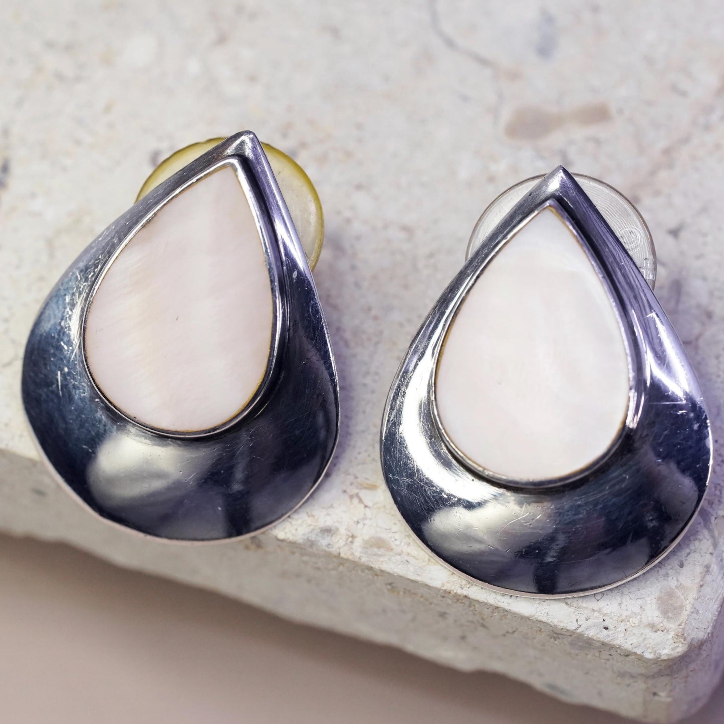 Boma sterling silver earrings, 925 teardrop studs pink mother of pearl inlay