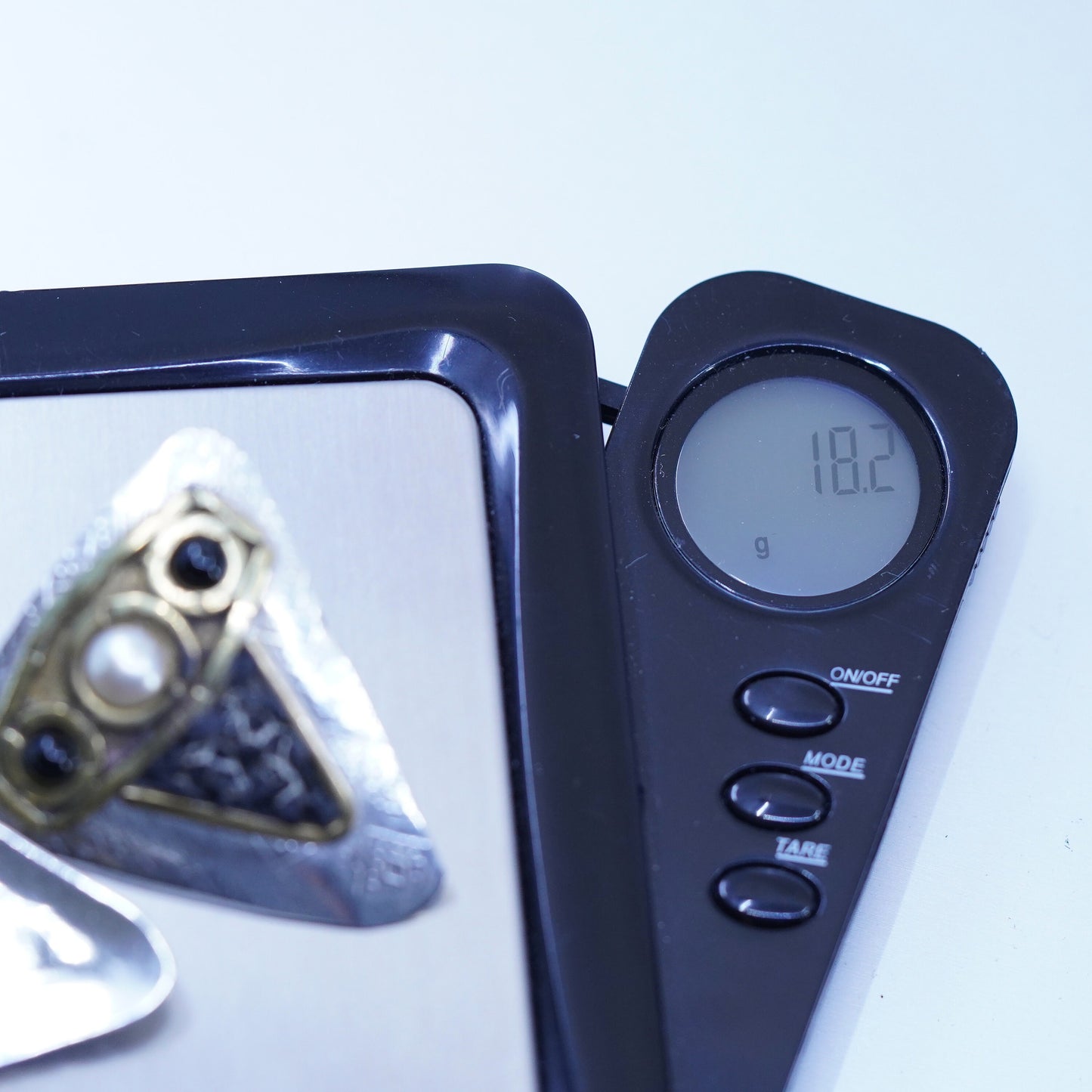 two tone Sterling 925 silver earrings, triangular owl studs pearl black onyx