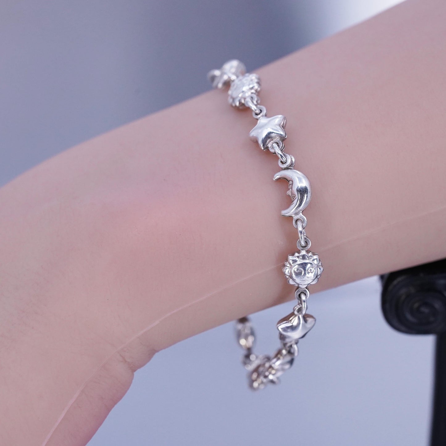 6.75”, Sterling 925 silver handmade puffy star moon sun chain bracelet