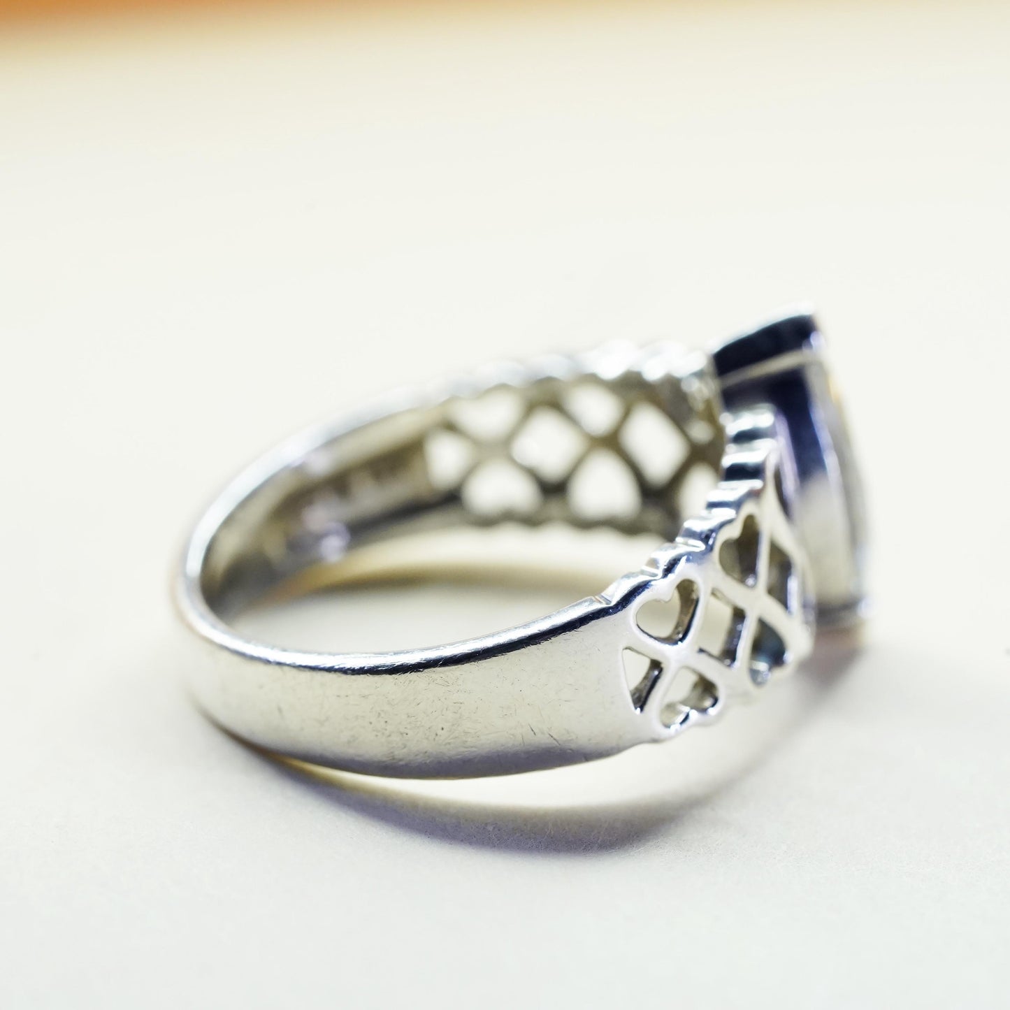 Size 10, VTG 925 Sterling silver filigree ring Marquise cut cz, engagement ring