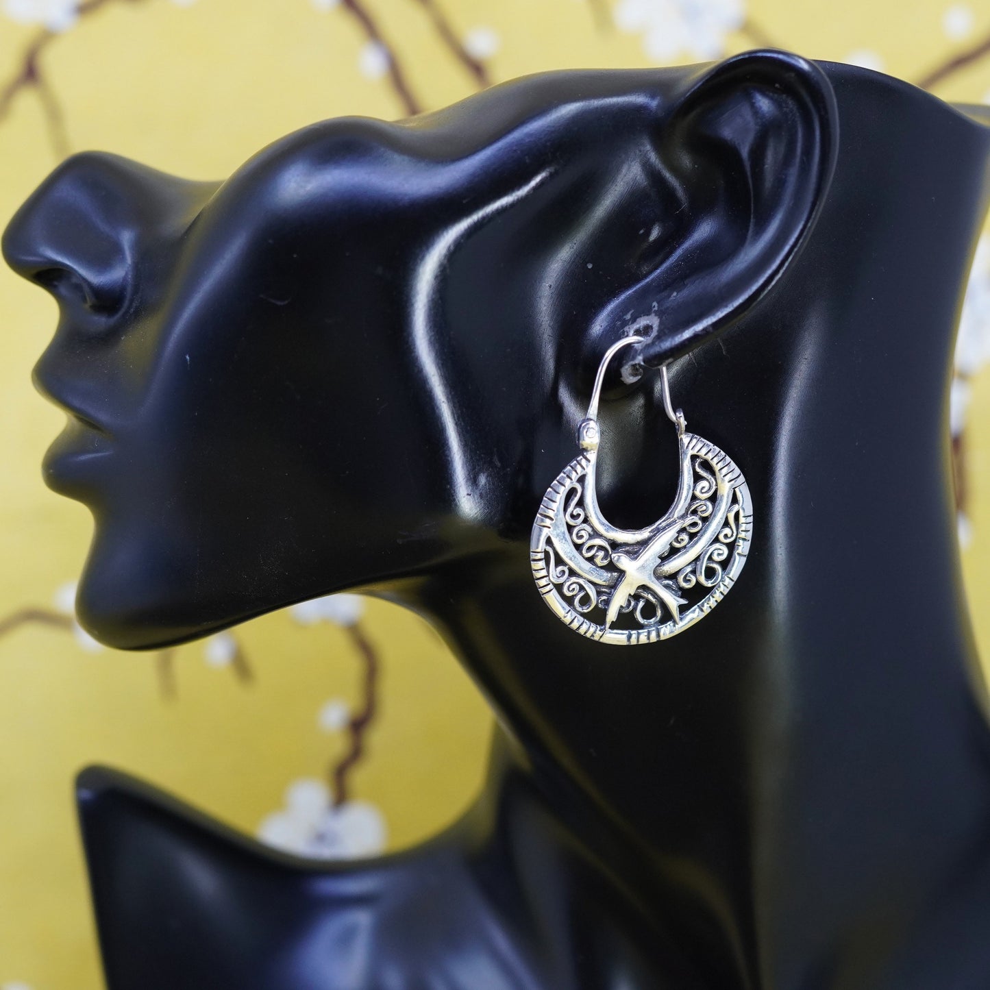 1”, vintage Sterling silver filigree hoop earrings, 925 handmade huggie w/ bird
