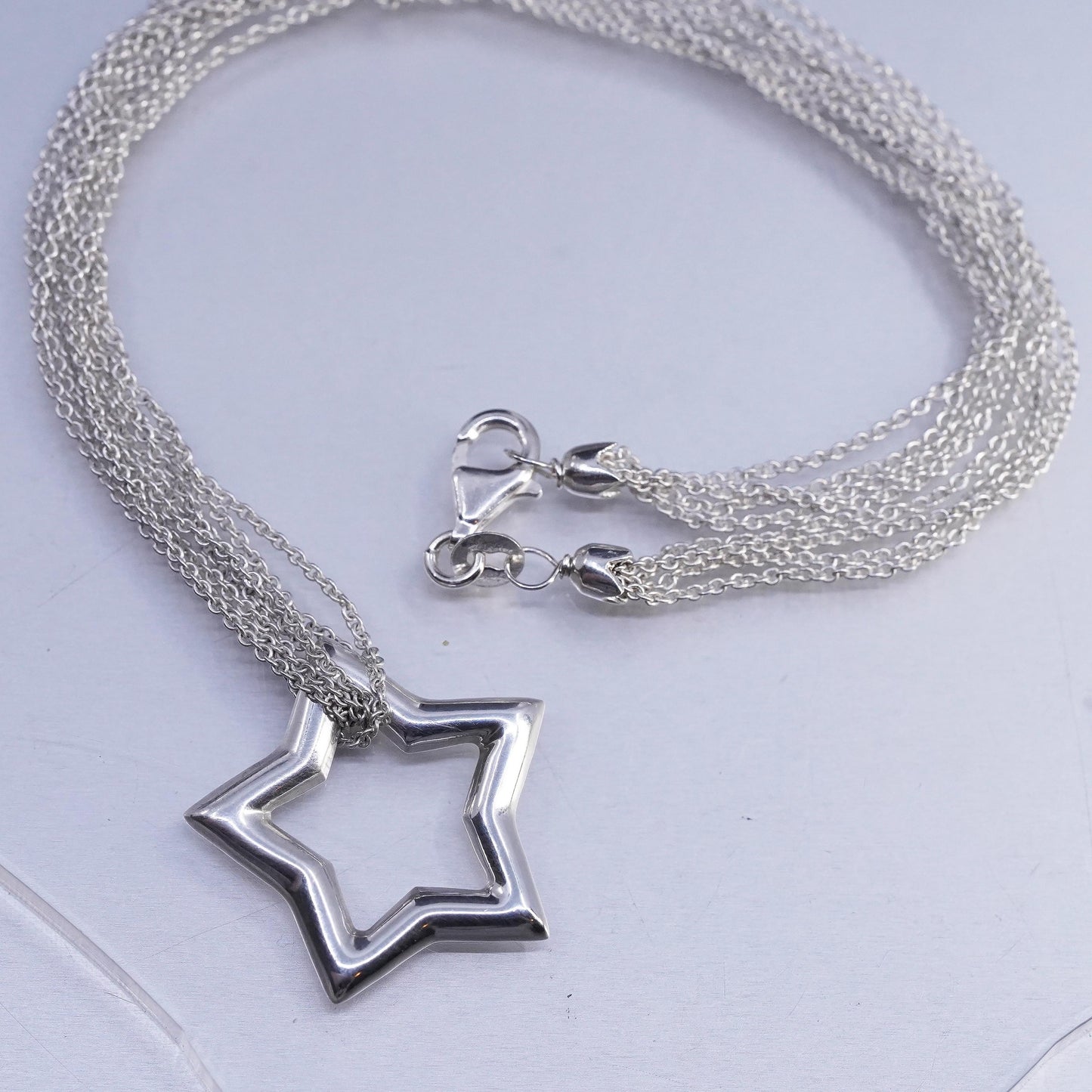 16", vintage Italian Sterling 925 silver multi strands circle chain necklace with star pendant