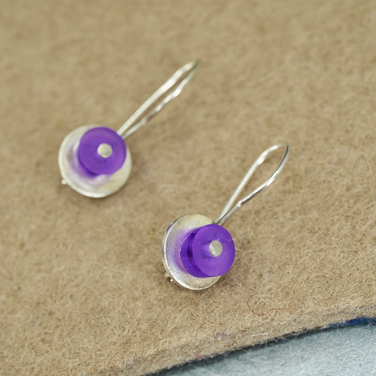 Vintage Sterling 925 silver handmade circle earrings with purple glass dangles