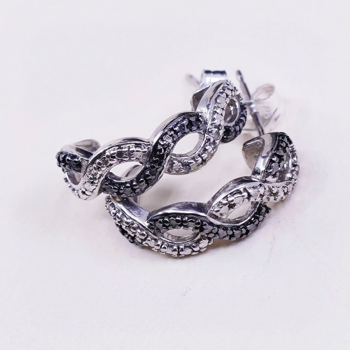 0.5”, Vintage sterling silver earrings, 925 silver huggie with genuine diamond