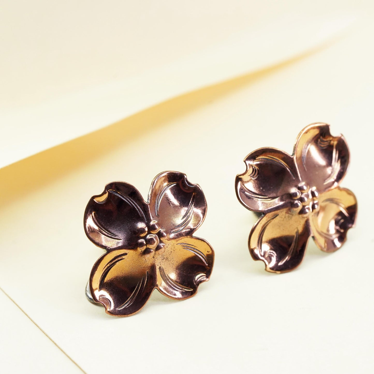 Vintage Sterling silver handmade earrings, 925 screw back copper dogwood flower