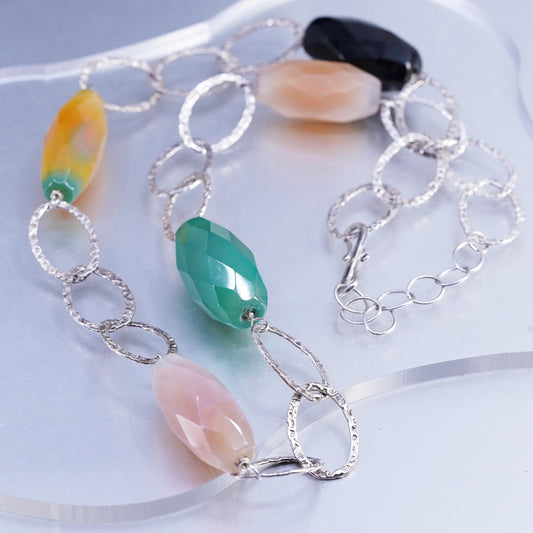 18+1.5" Vintage Sterling 925 Silver hammered Oval Chain multi color chalcedony