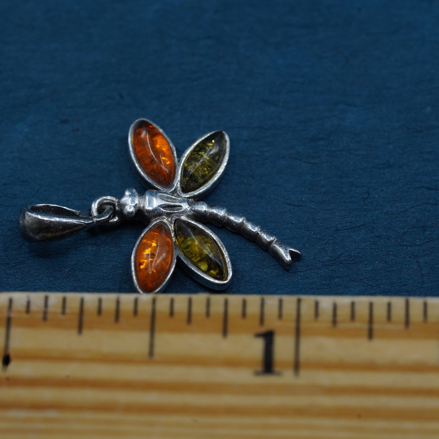 Vintage Sterling silver handmade pendant, 925 dragonfly with amber