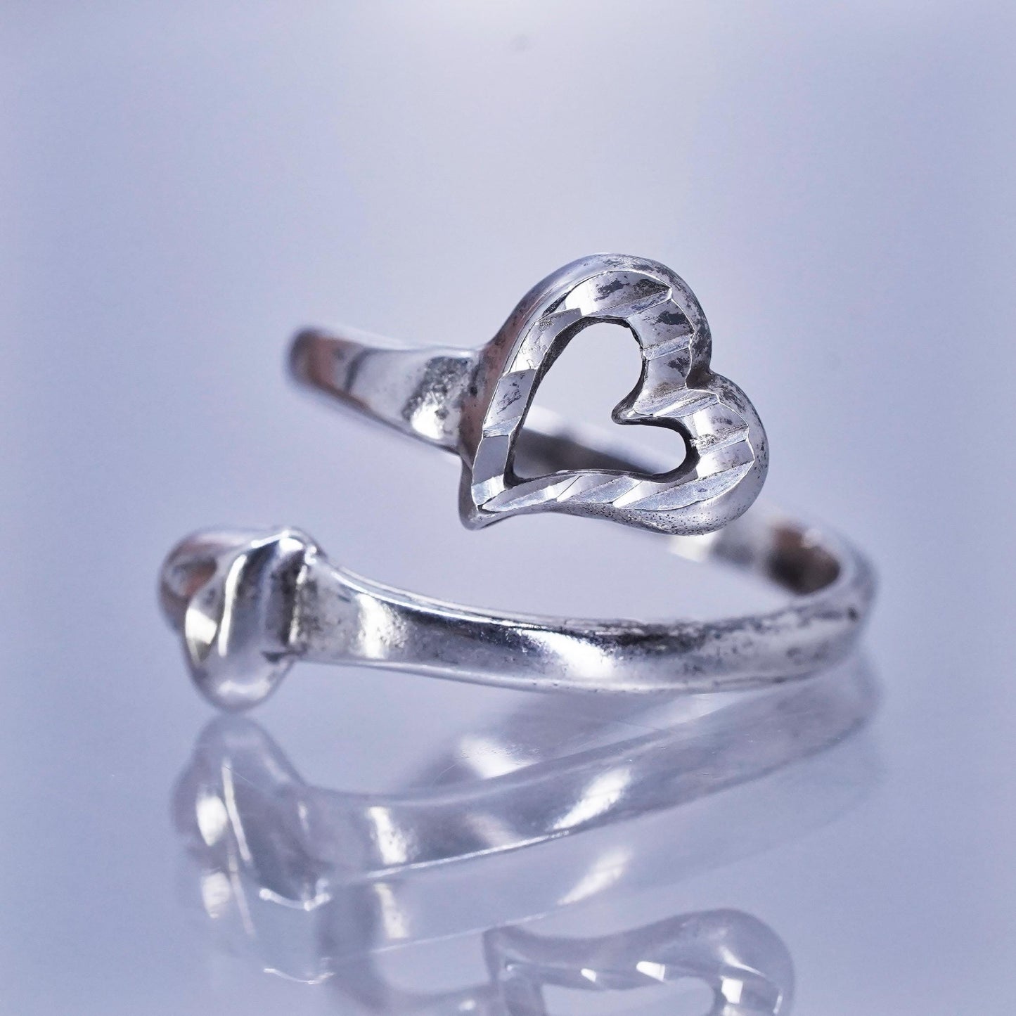 Size adjustable, vintage Sterling 925 silver handmade ring, wrap heart band
