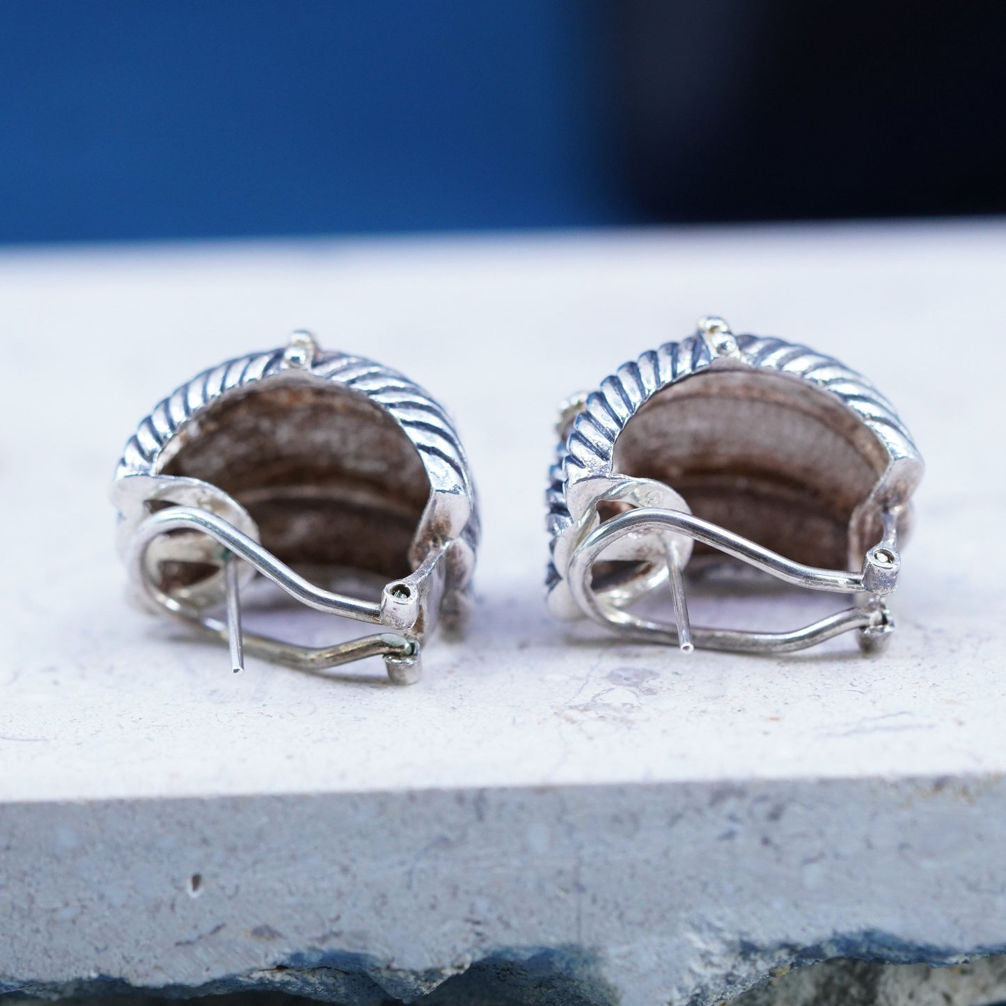 Sterling silver Ribbed earrings, modern 925 silver cable studs with gold beads