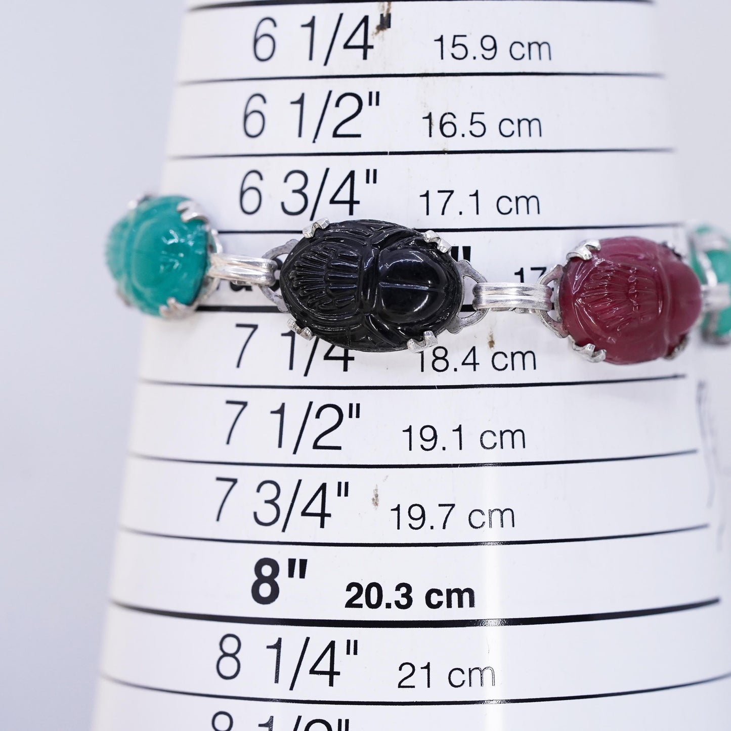 7”, vintage sterling 925 silver handmade bracelet with carved jade carnelian