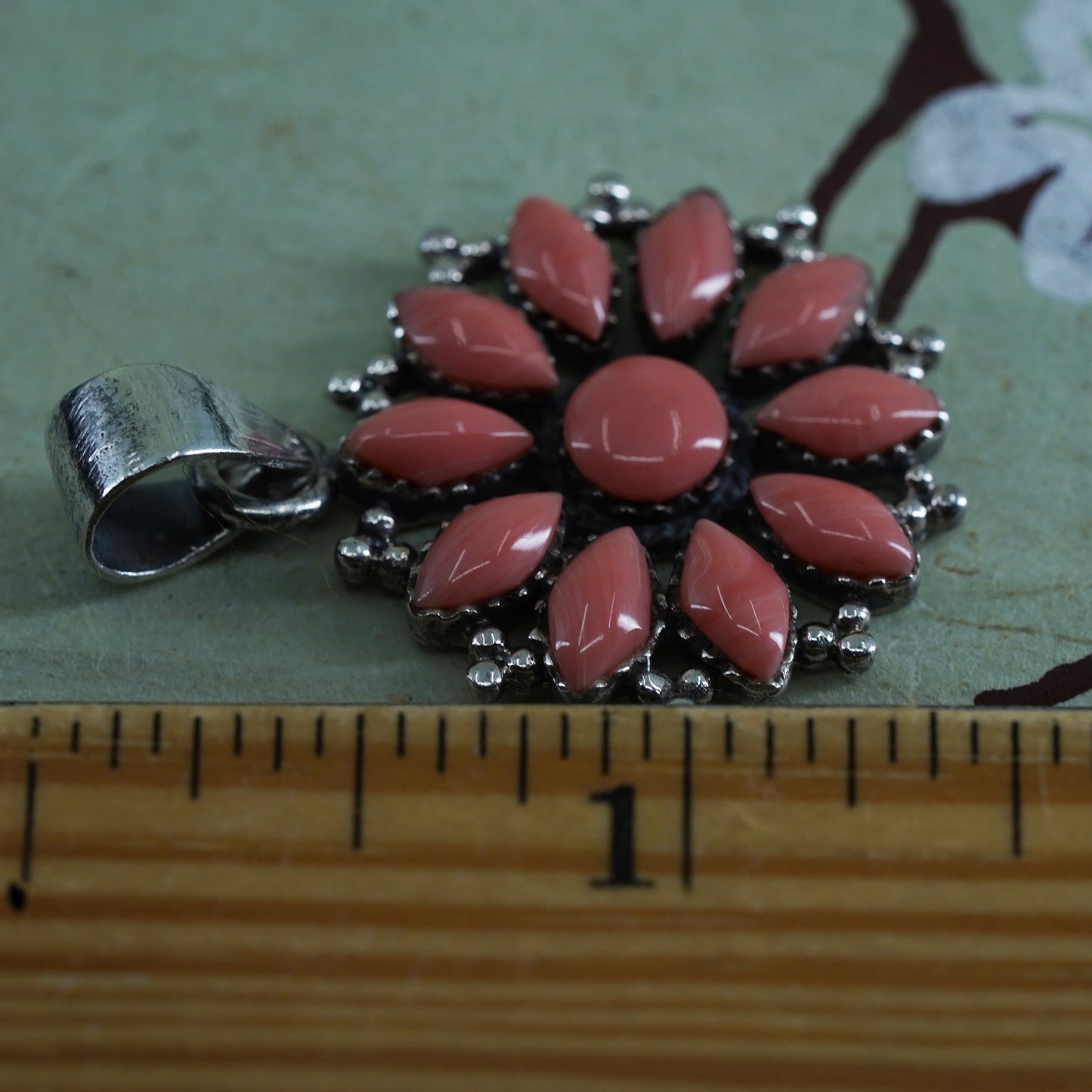 Natuve American southwestern sterling silver 925 handmade flower pendant coral