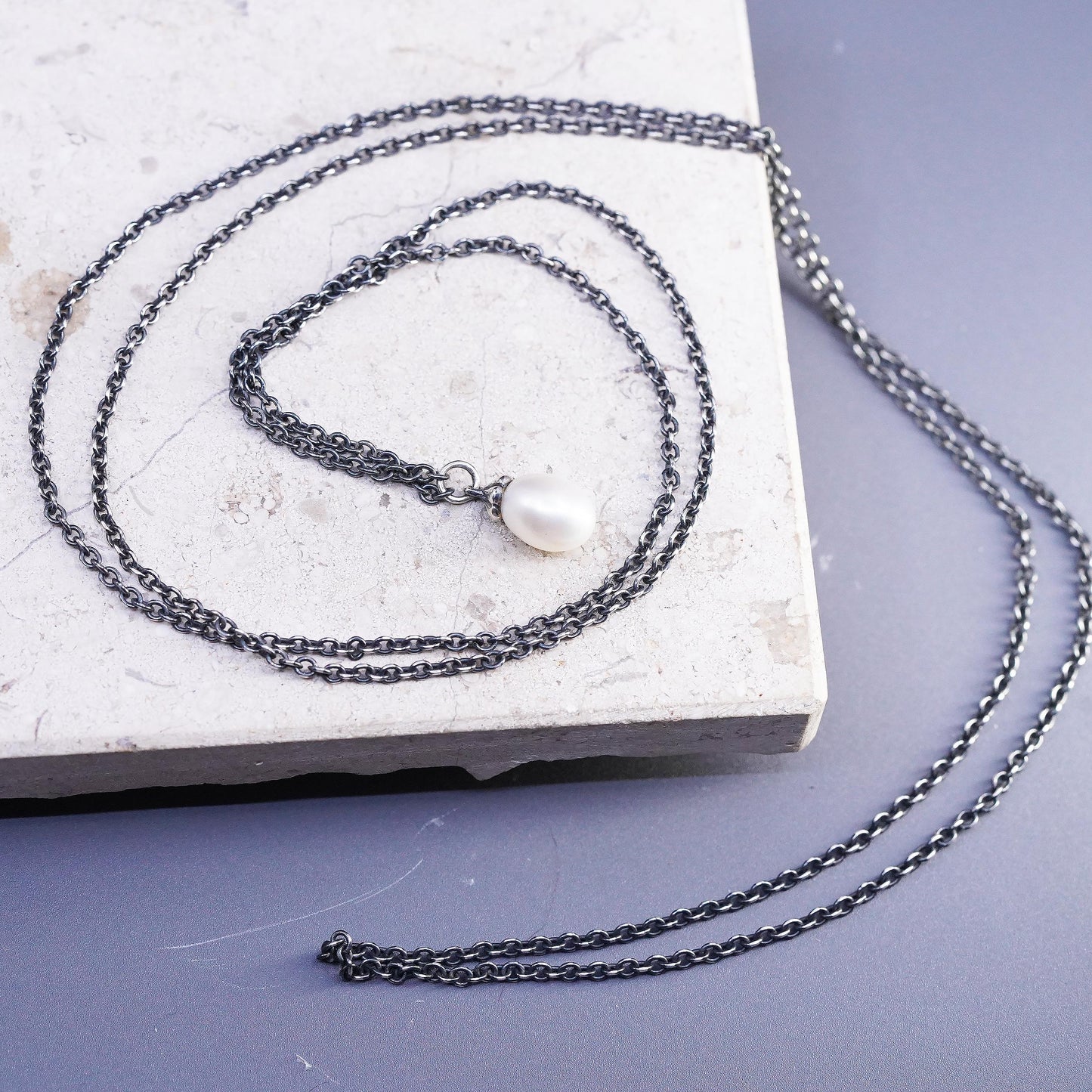 40" Sterling silver extra long sweater necklace, 925 teardrop pearl pendant
