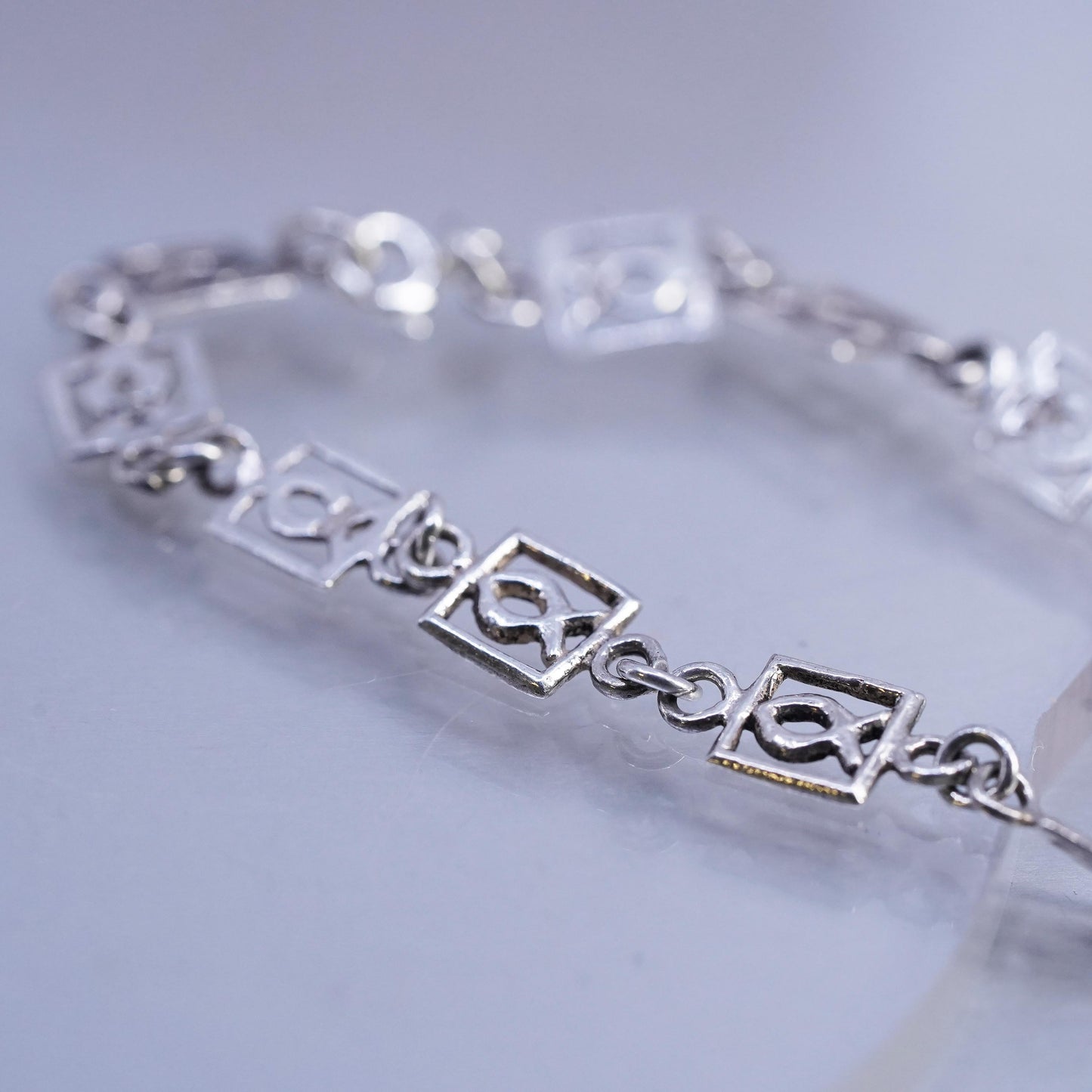 7", Vintage Sterling Silver Handmade Bracelet, 925 fish symbol link chain