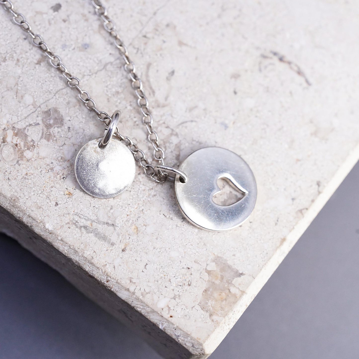 16", 1mm, vintage Sterling silver necklace, 925 circle chain heart tag letter K