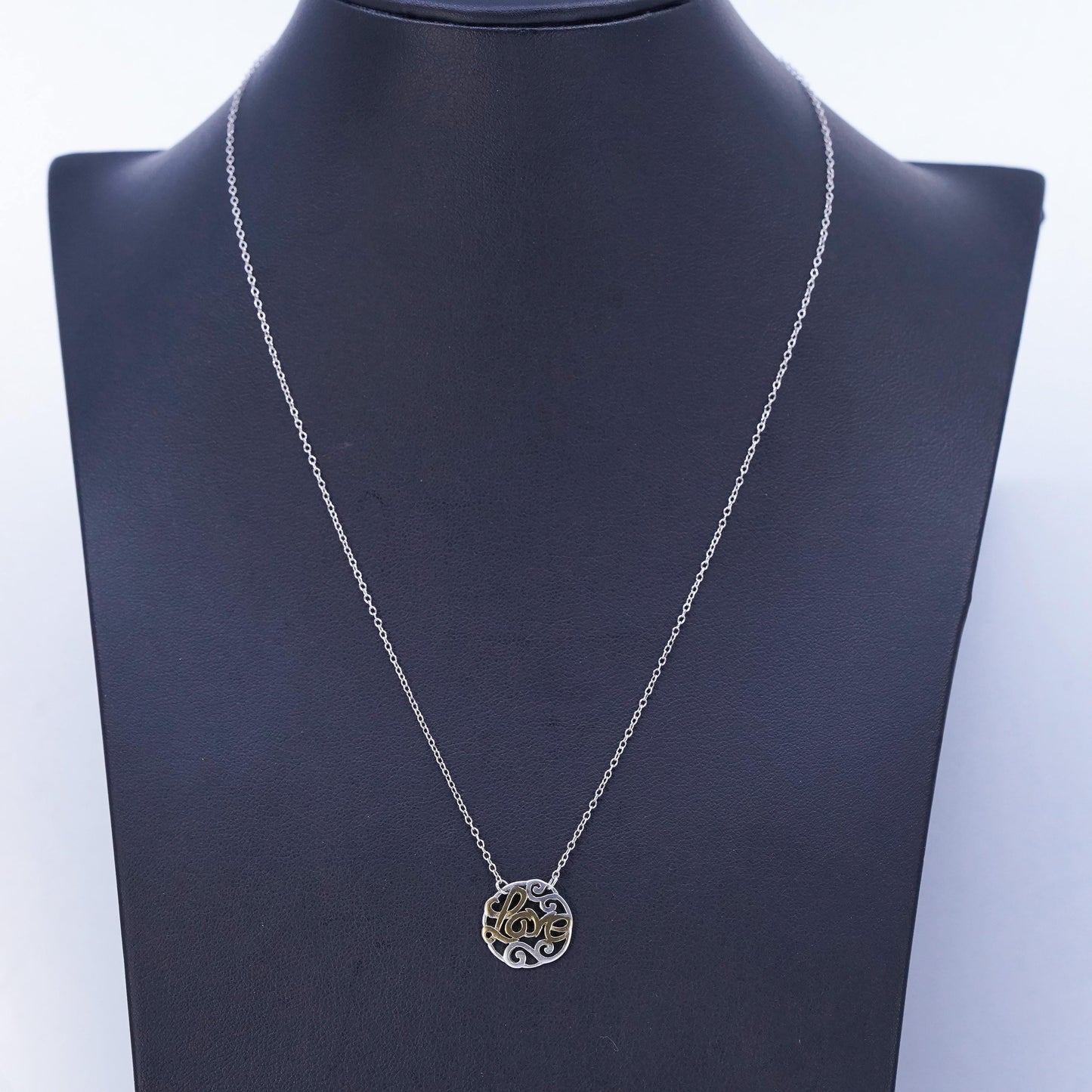 18”, vintage two tone Sterling silver necklace, 925 circle chain with Love pendant
