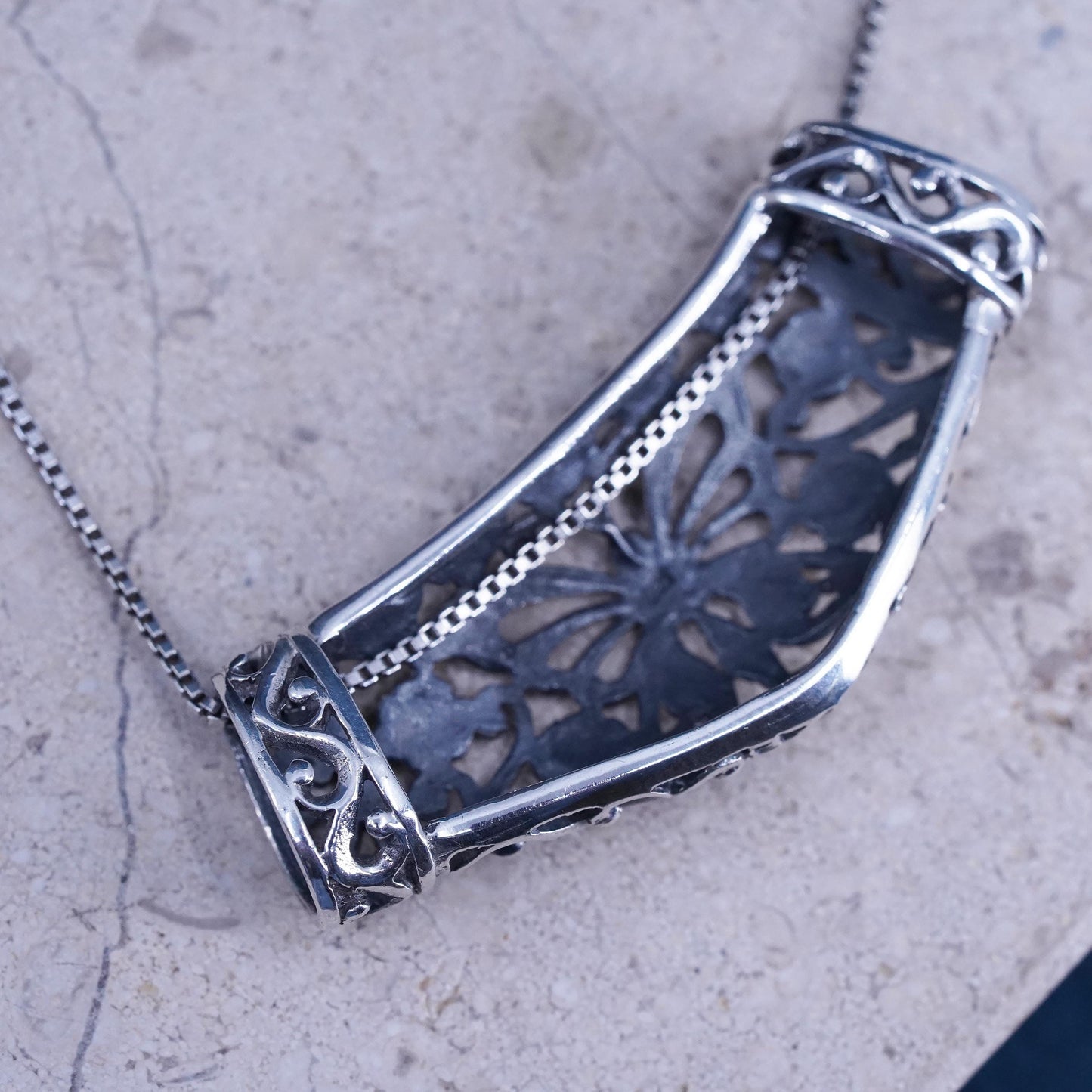 18”, Sterling 925 silver box chain necklace filigree butterfly slide pendant