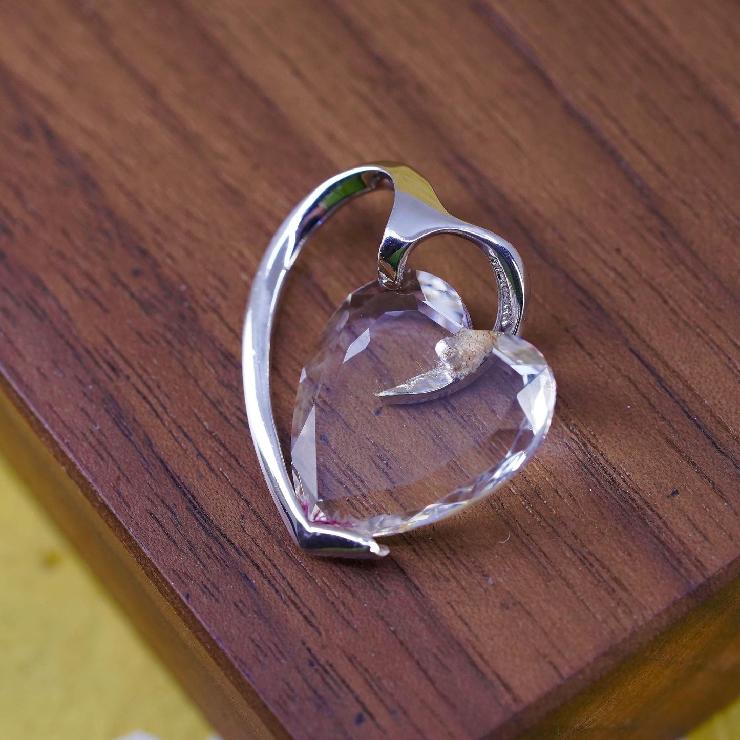 Vintage Sterling 925 silver double heart pendant with clear crystal