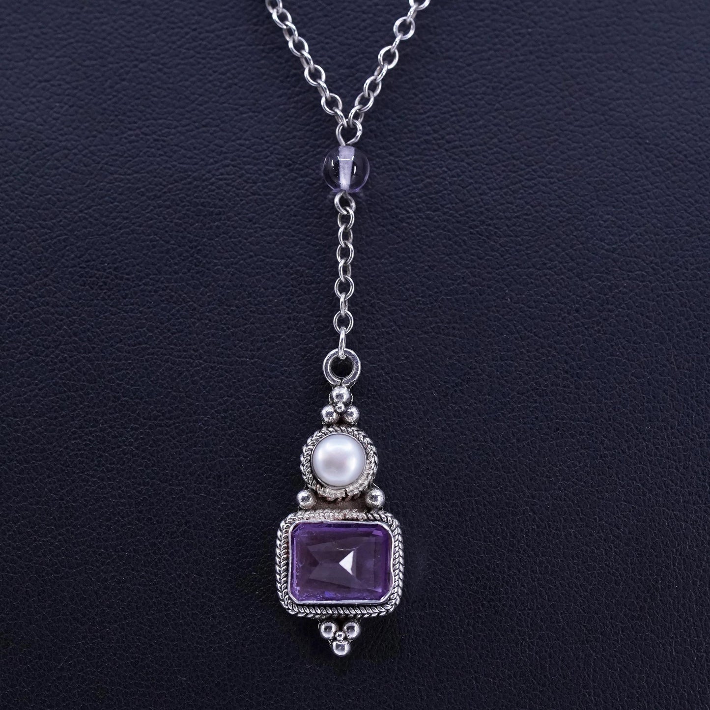 16”, vintage Sterling 925 silver circle chain necklace amethyst pearl pendant