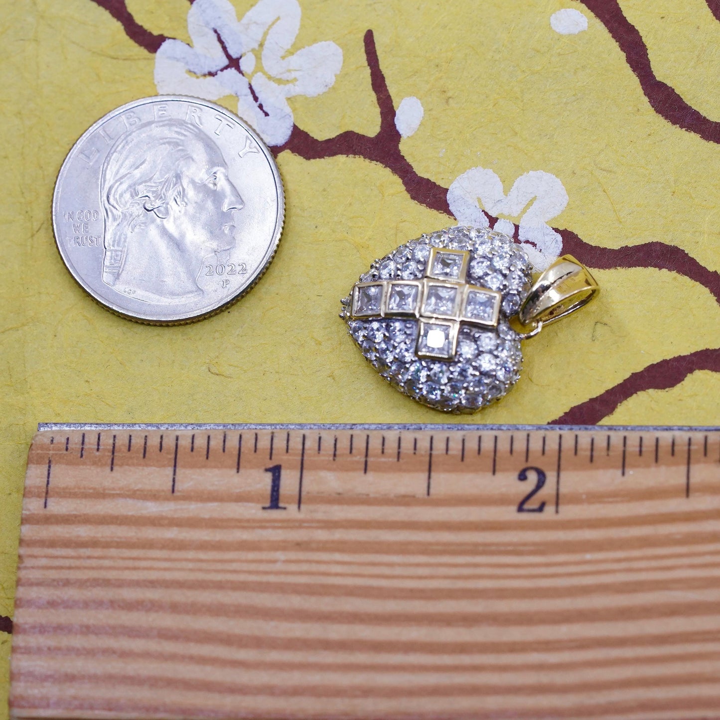 Vintage gold plated Sterling silver pendant, 925 heart cross with cluster cz