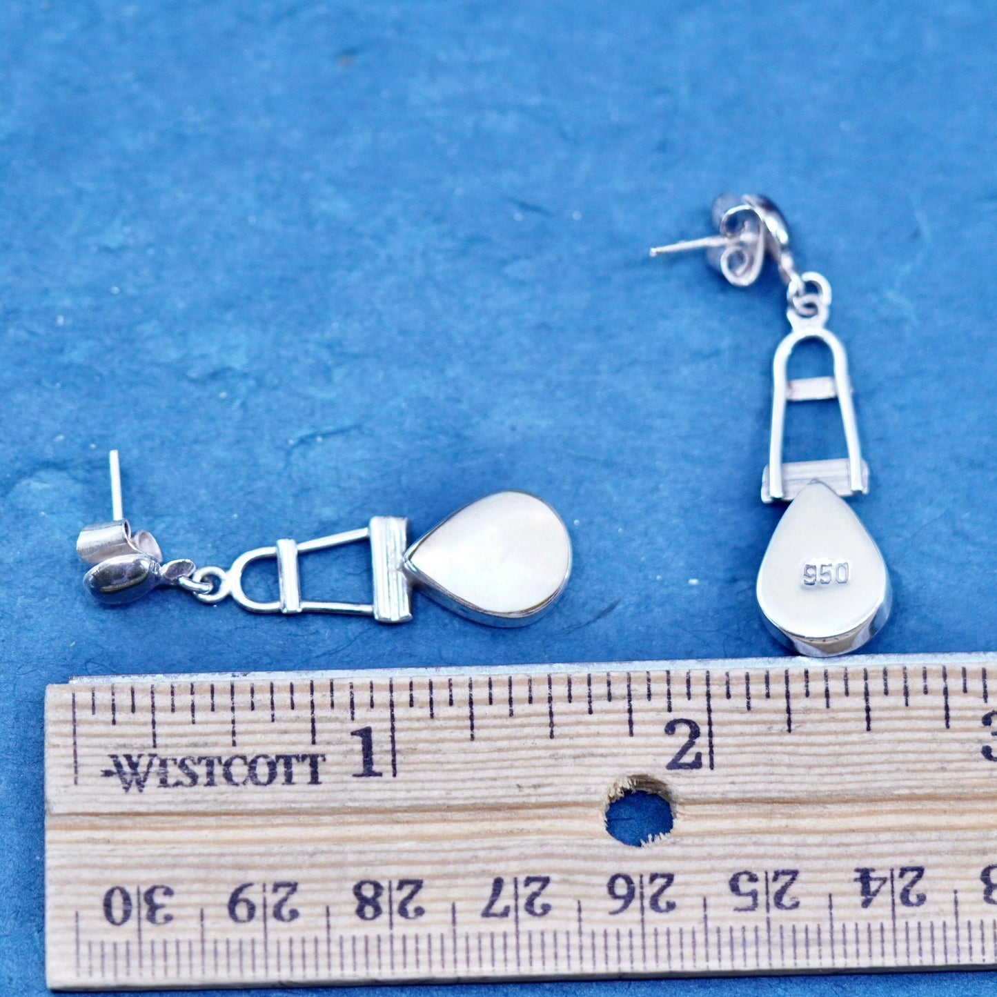 Sterling 950 silver handmade earrings w/ teardrop golden mother of pearl inlay