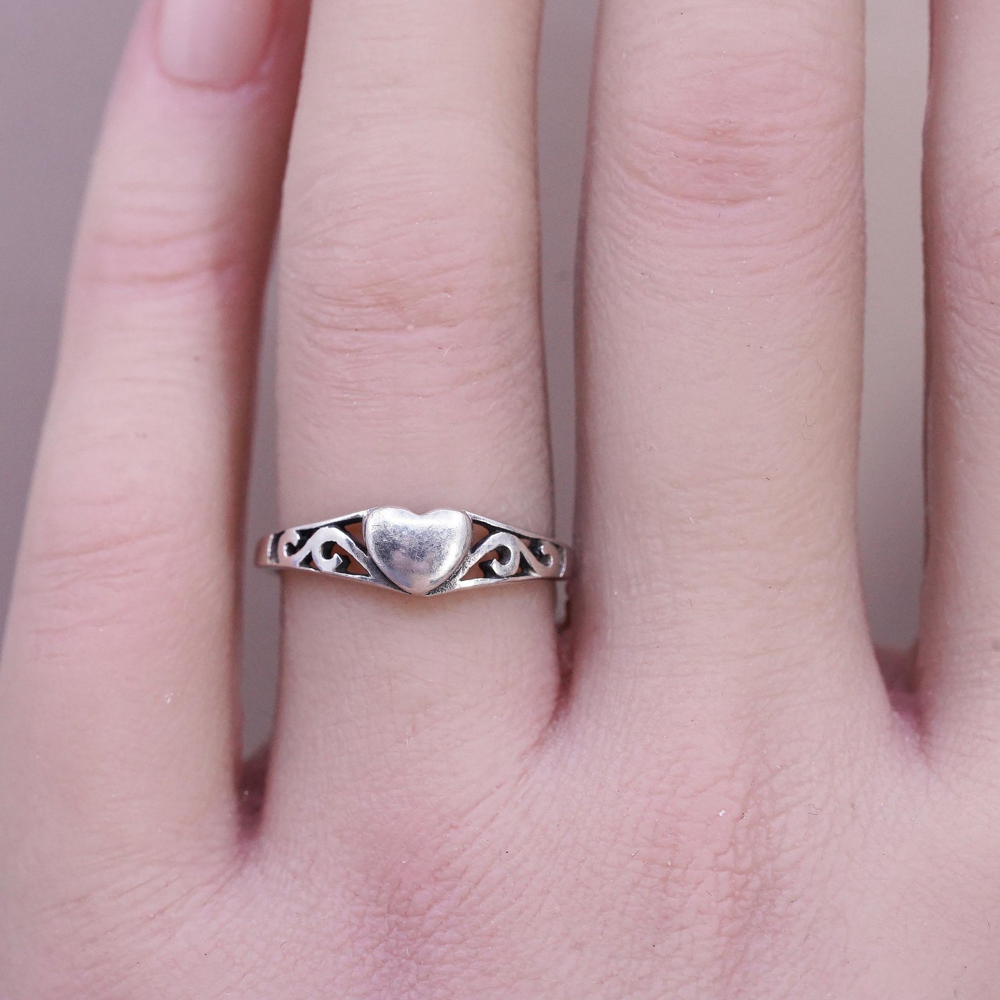 Size 6.25, vintage sterling silver handmade ring, 925 stackable heart band