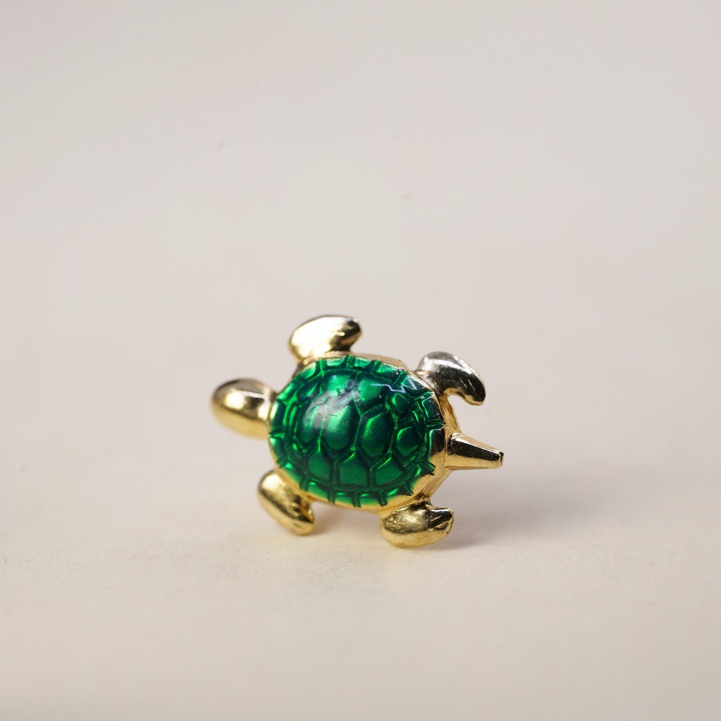 vermeil gold over single earring. Sterling 925 silver green enamel turtle stud
