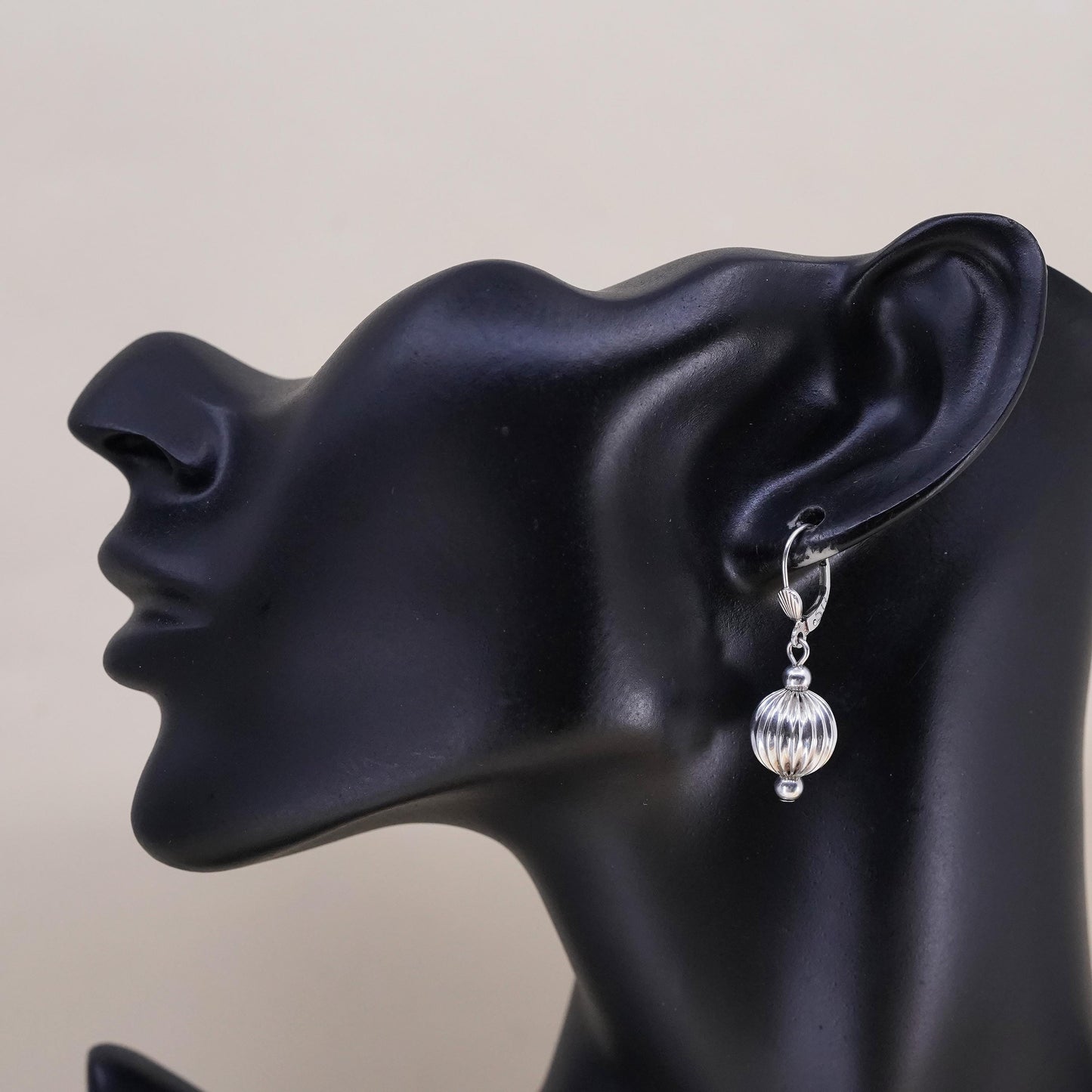 Vintage sterling silver handmade earrings, 925 silver ribbed beads dangles