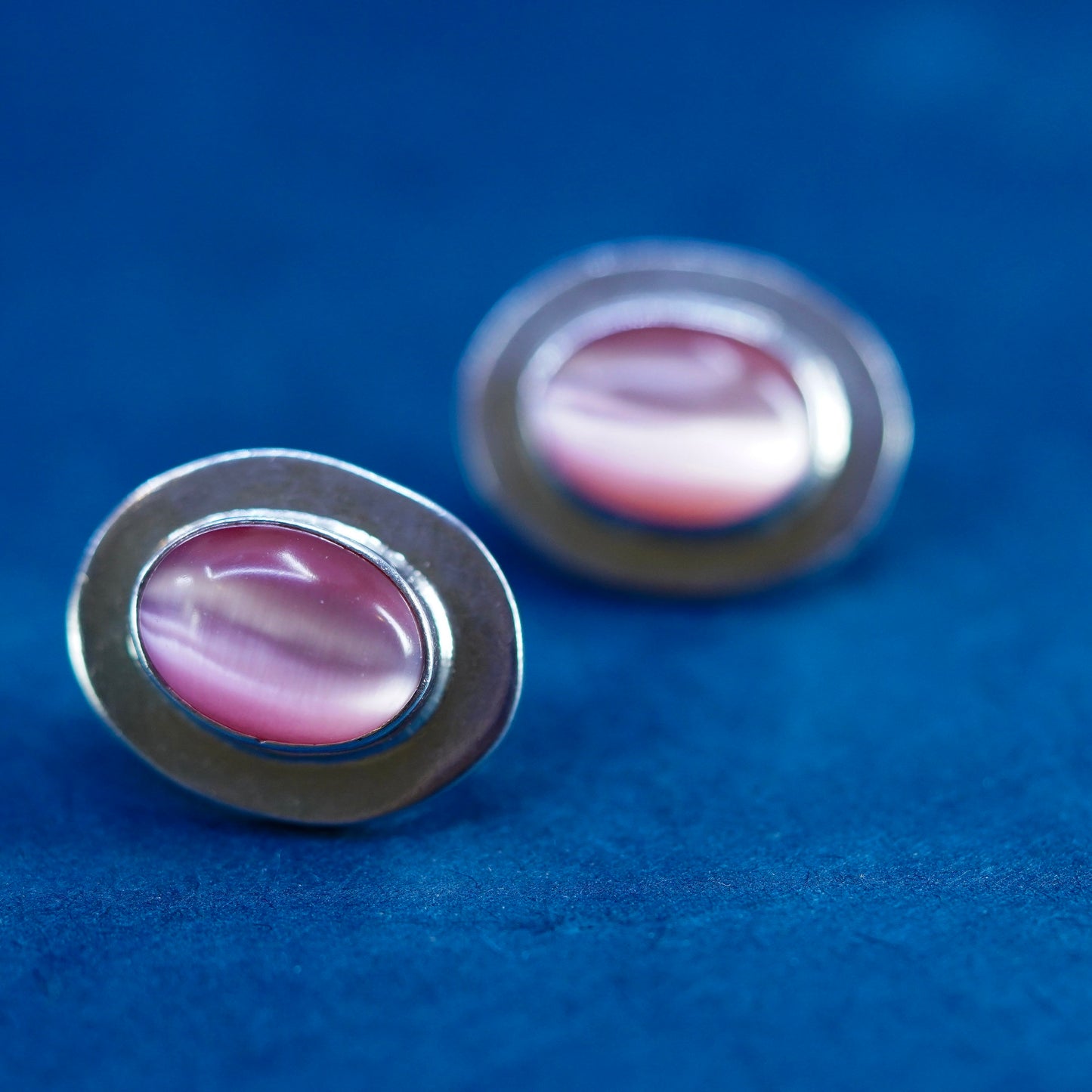 Vintage Mexican Sterling silver earrings, 925 oval studs with pink tiger eye