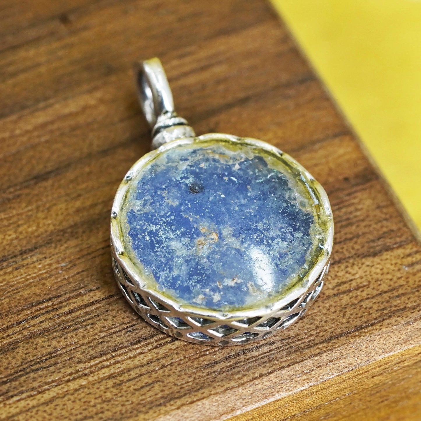 Vintage sterling 925 silver handmade pendant with blue Roman glass inlay