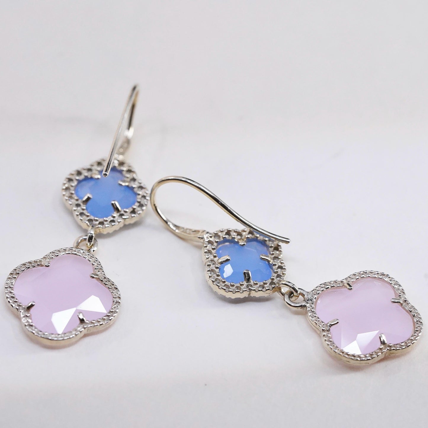 Italian yellow gold plated Sterling Silver Blue Pink Chalcedony Clover Earrings