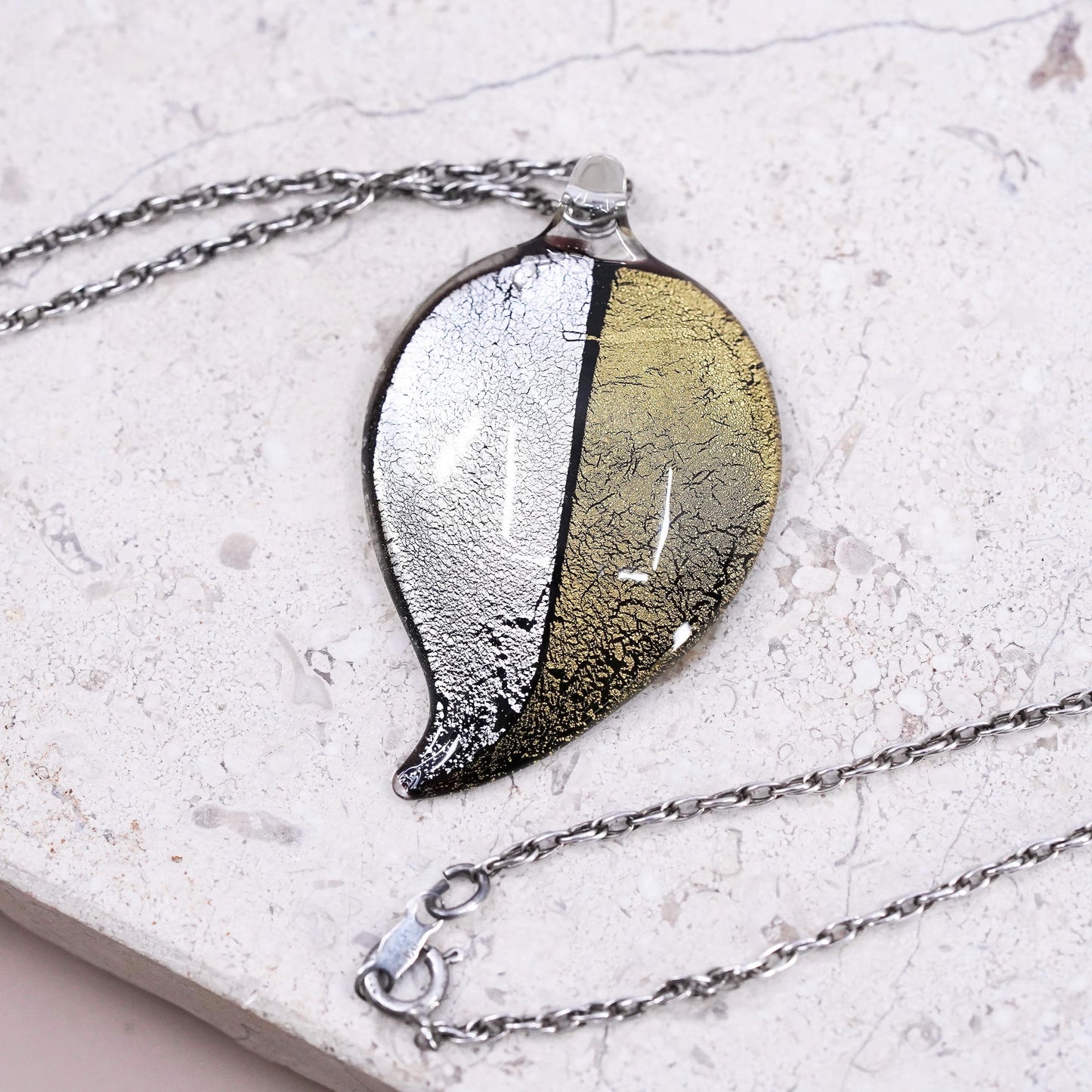 26”, Sterling silver necklace, 925 rope chain foiled glass leaf pendant