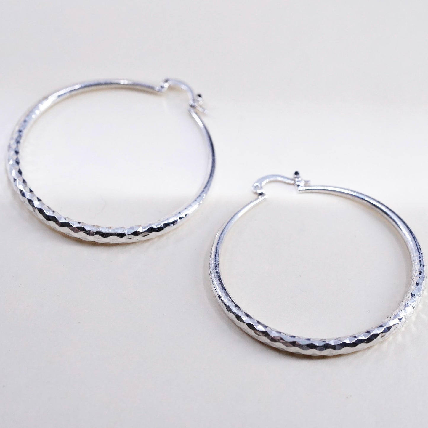 2" VTG Sterling Silver Diamond Cut Circle Large Earrings, Classic Round Hoops