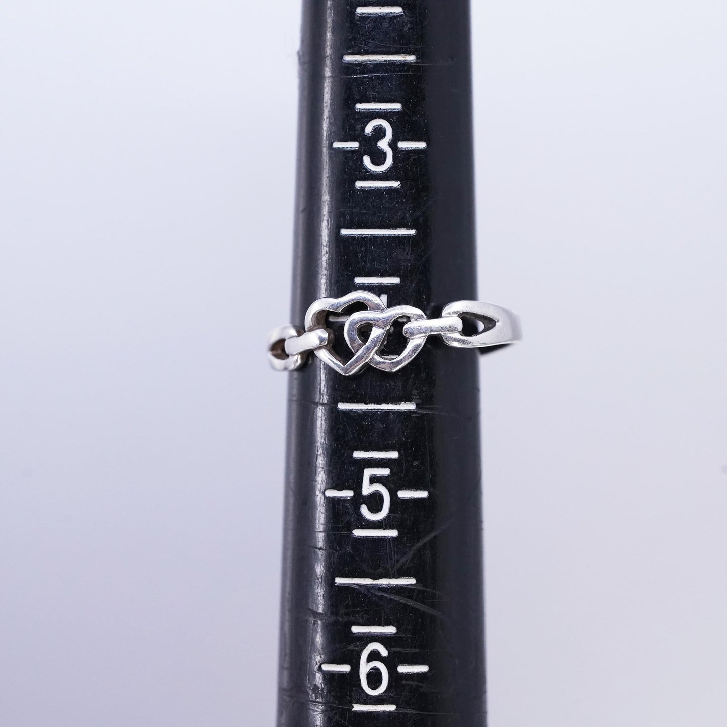 Size 4, vintage Sterling 925 silver ring, double heart stackable open band
