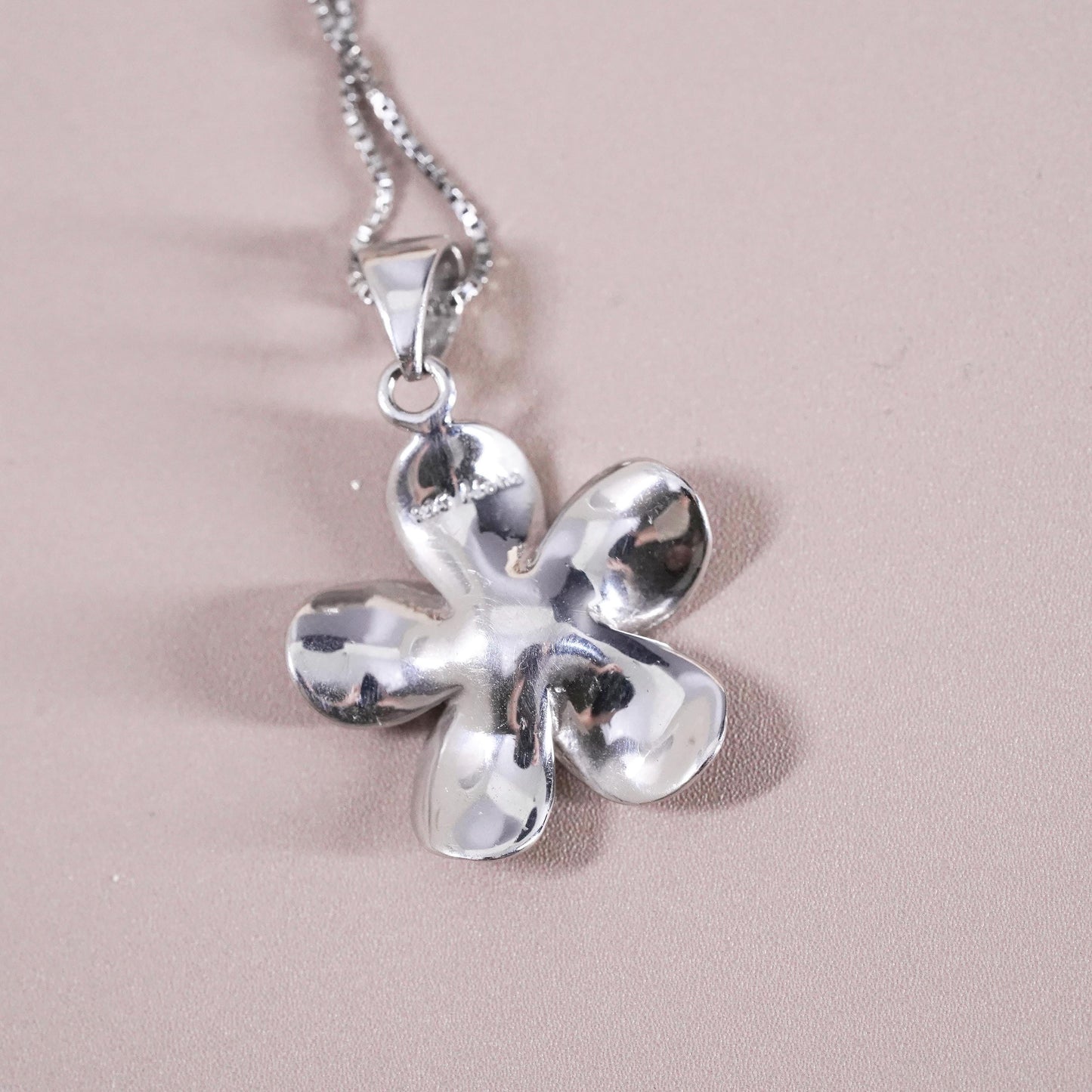 18”, Vintage Sterling silver handmade pendant, 925 box chain plumeria flower cz