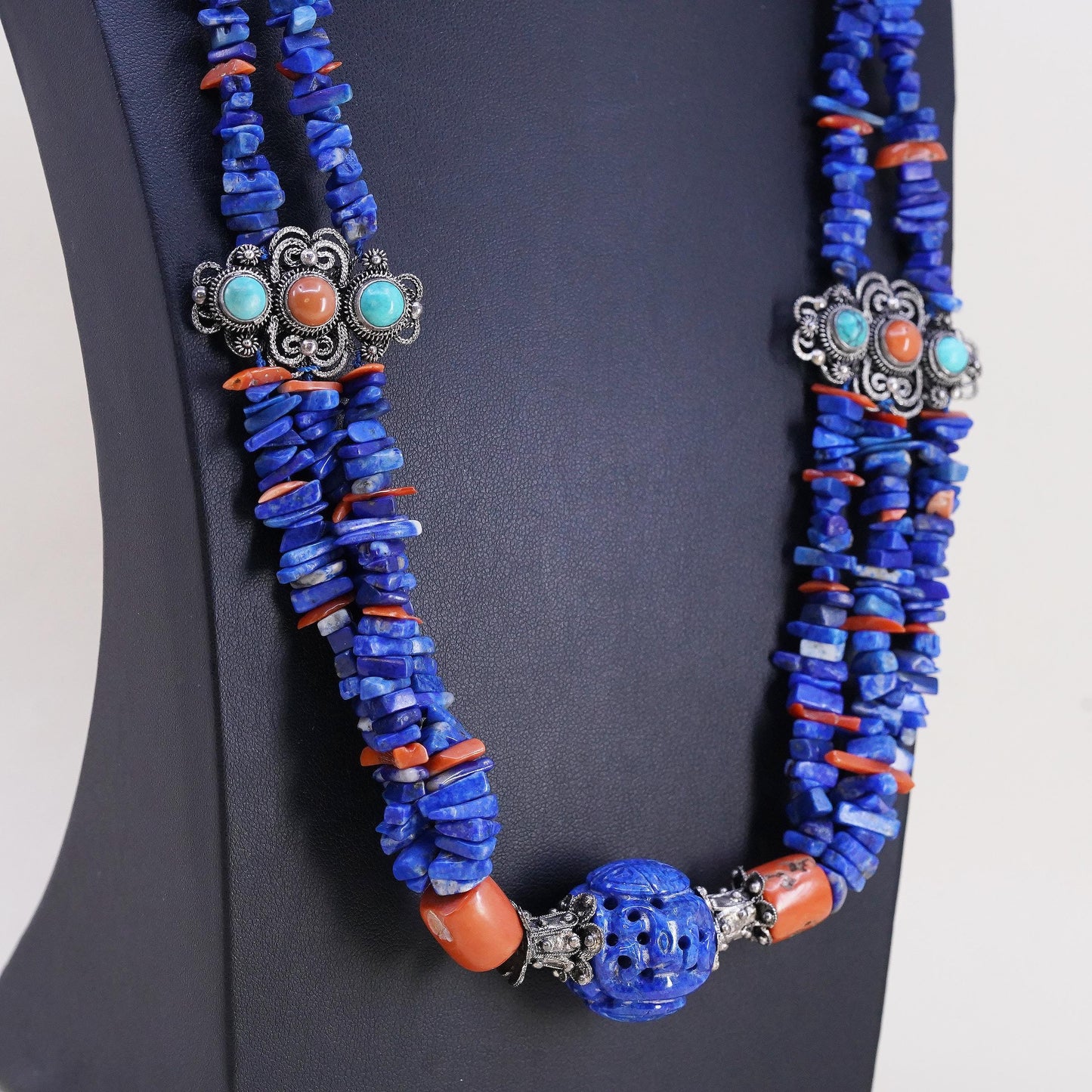 24", Native American Sterling Silver 925 Lapis Lazuli Turquoise Coral Necklace