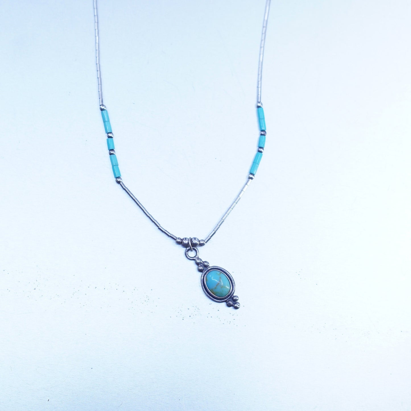 16”, Native American Sterling 925 liquid silver necklace with turquoise pendant