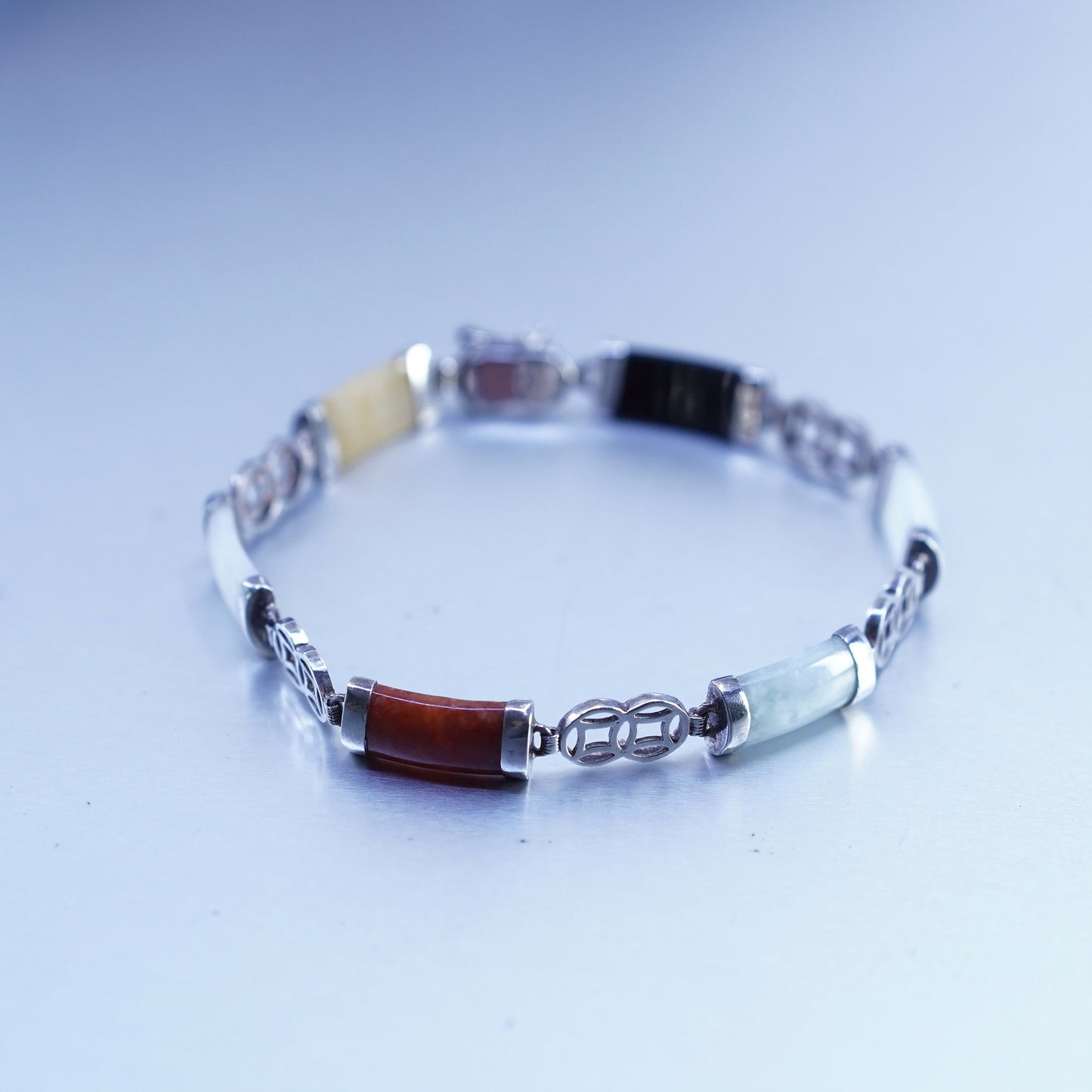 7.25”, sterling 925 silver bracelet with jade, carnelian, obsidian marcasite